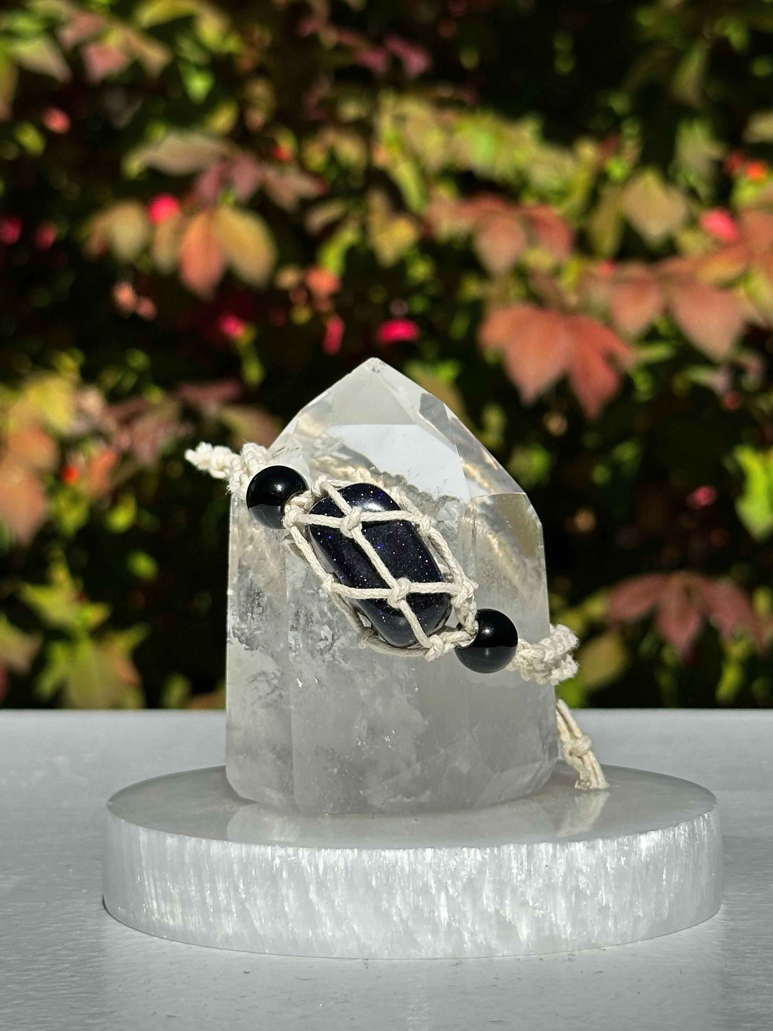 Macramé Braided Boho Crystal Bracelet Holder with Blue Goldstone Crystal