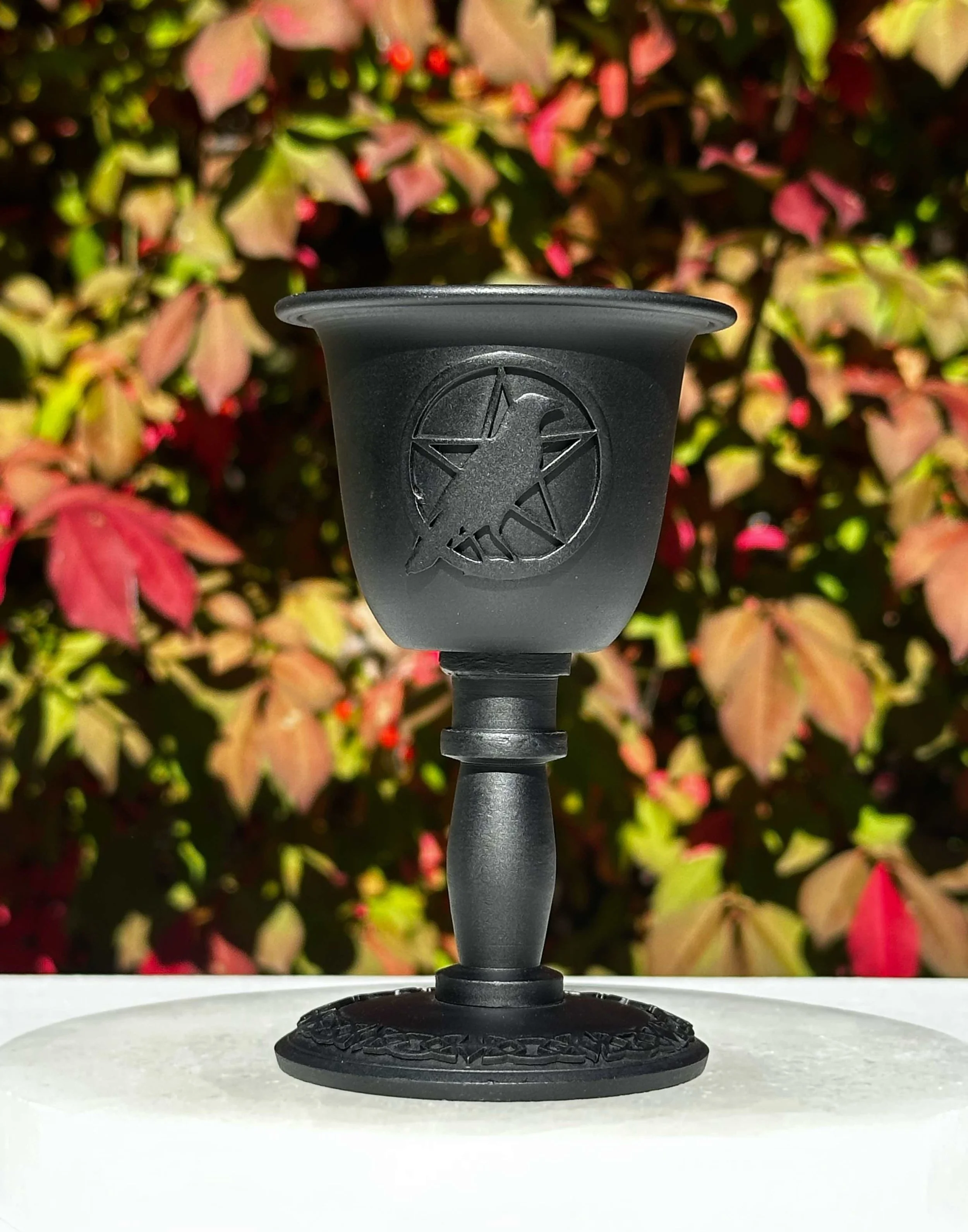 Metal 4" Raven with Pentacle Chalice Chime Candle Holder with FREE 5" Chime Candle