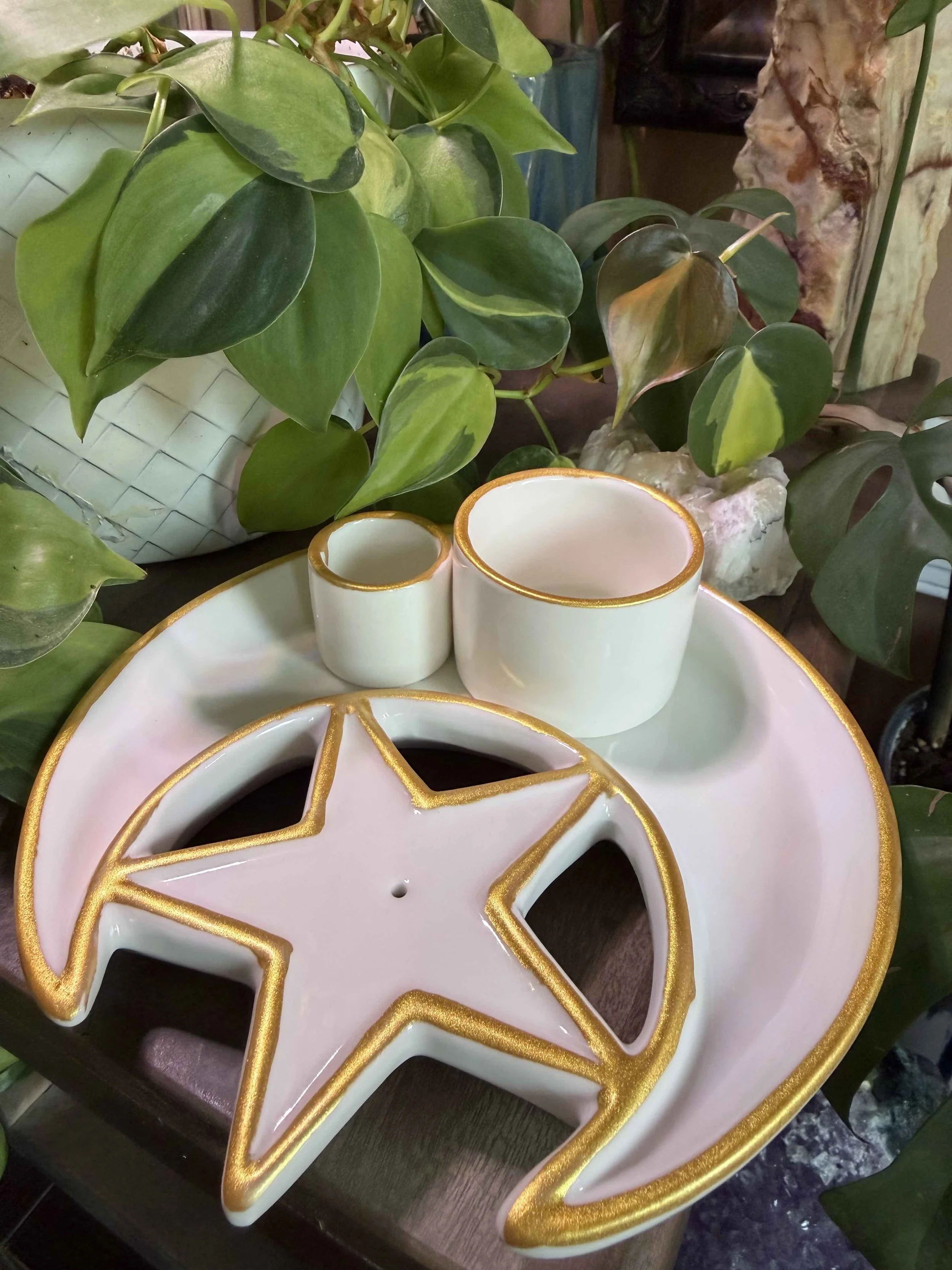 White & Gold Crescent Moon Star 4-in-1 Sage Palo Santo Incense Aromatherapy and Candle Holder Burner