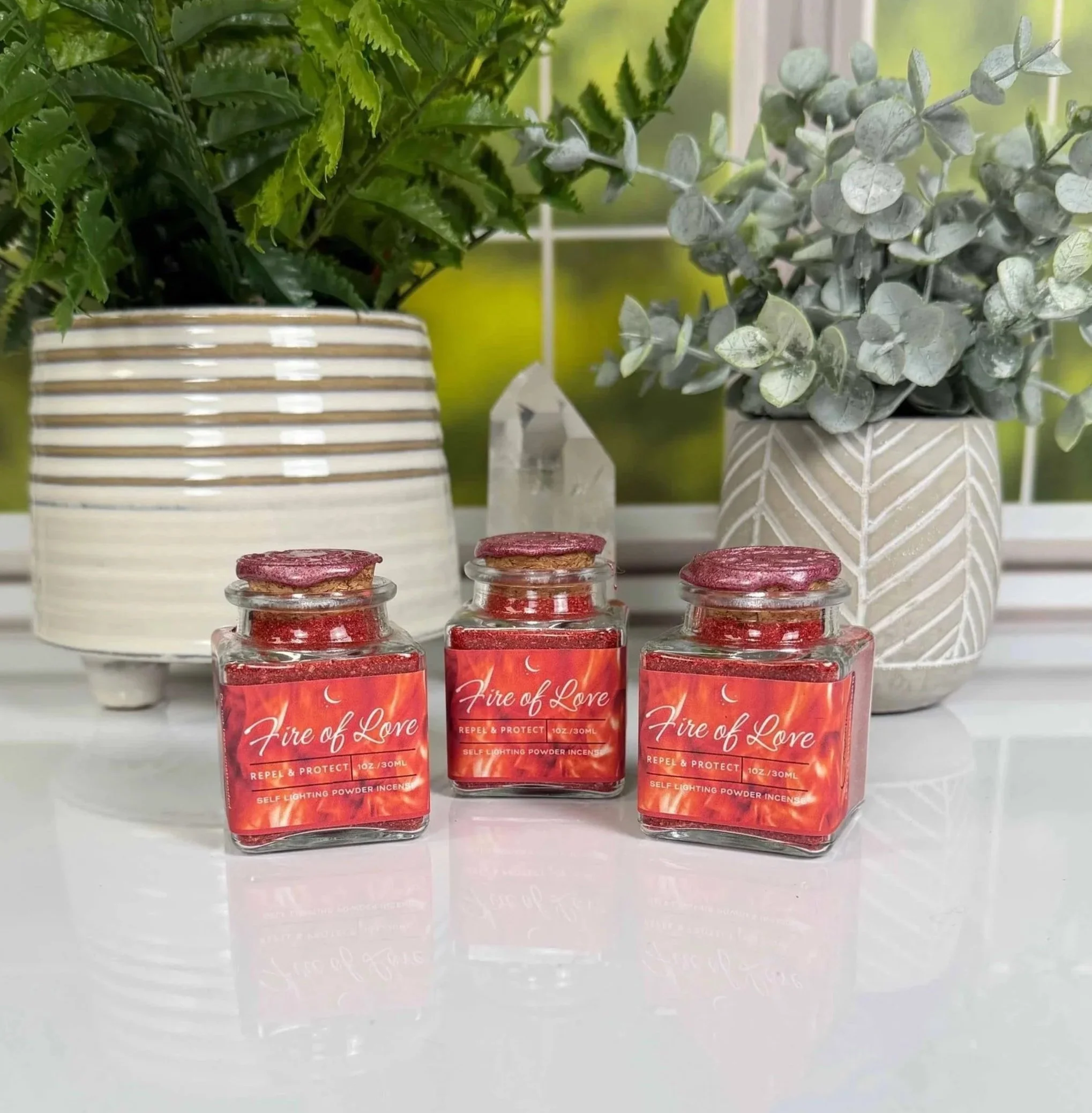 Fire of Love Self Lighting Incense Powder Smoke Cleansing Smudge Glass Jar 1 oz. / 30ml