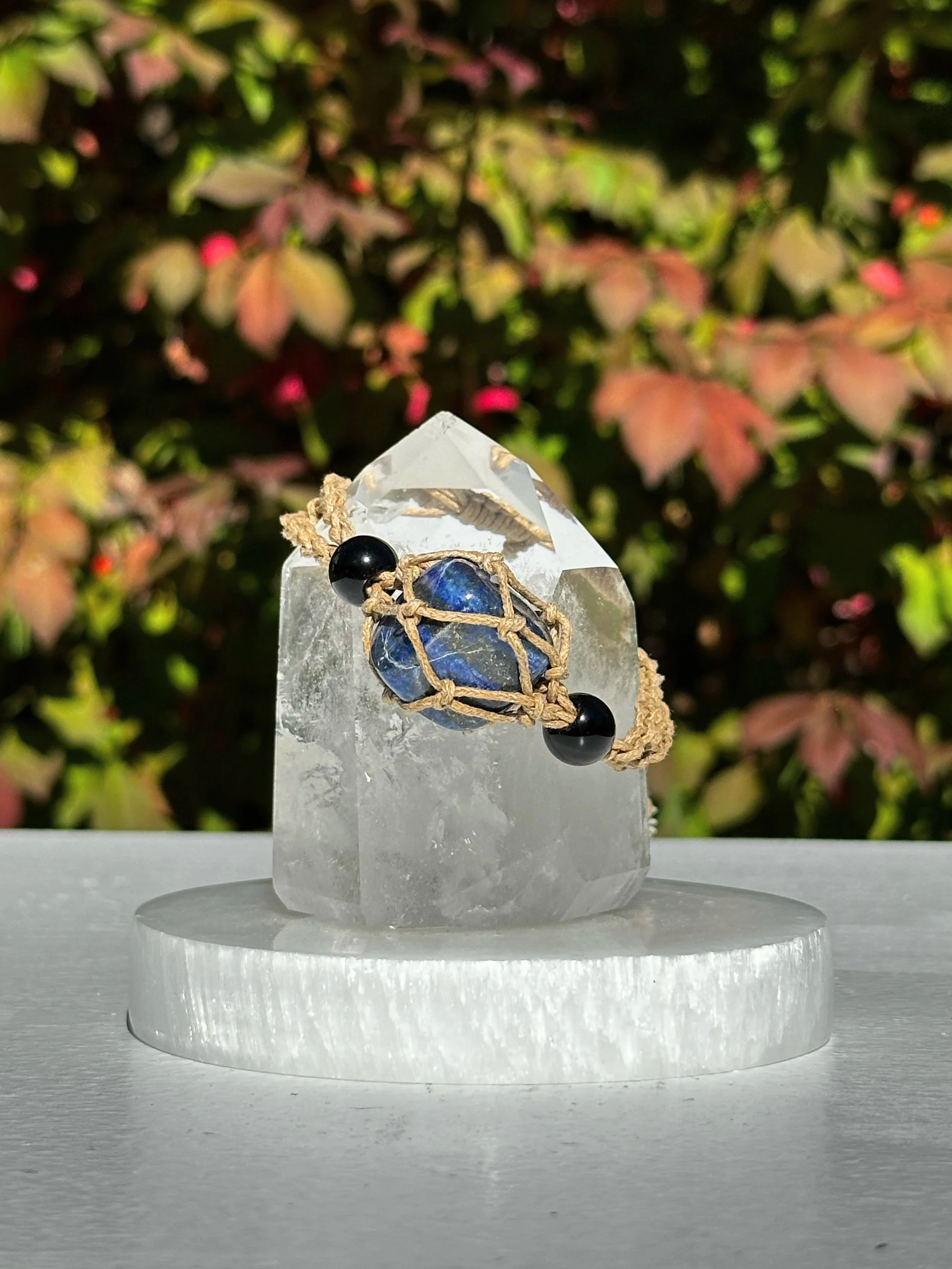 Macramé Braided Boho Crystal Bracelet Holder with Lapis Lazuli Crystal