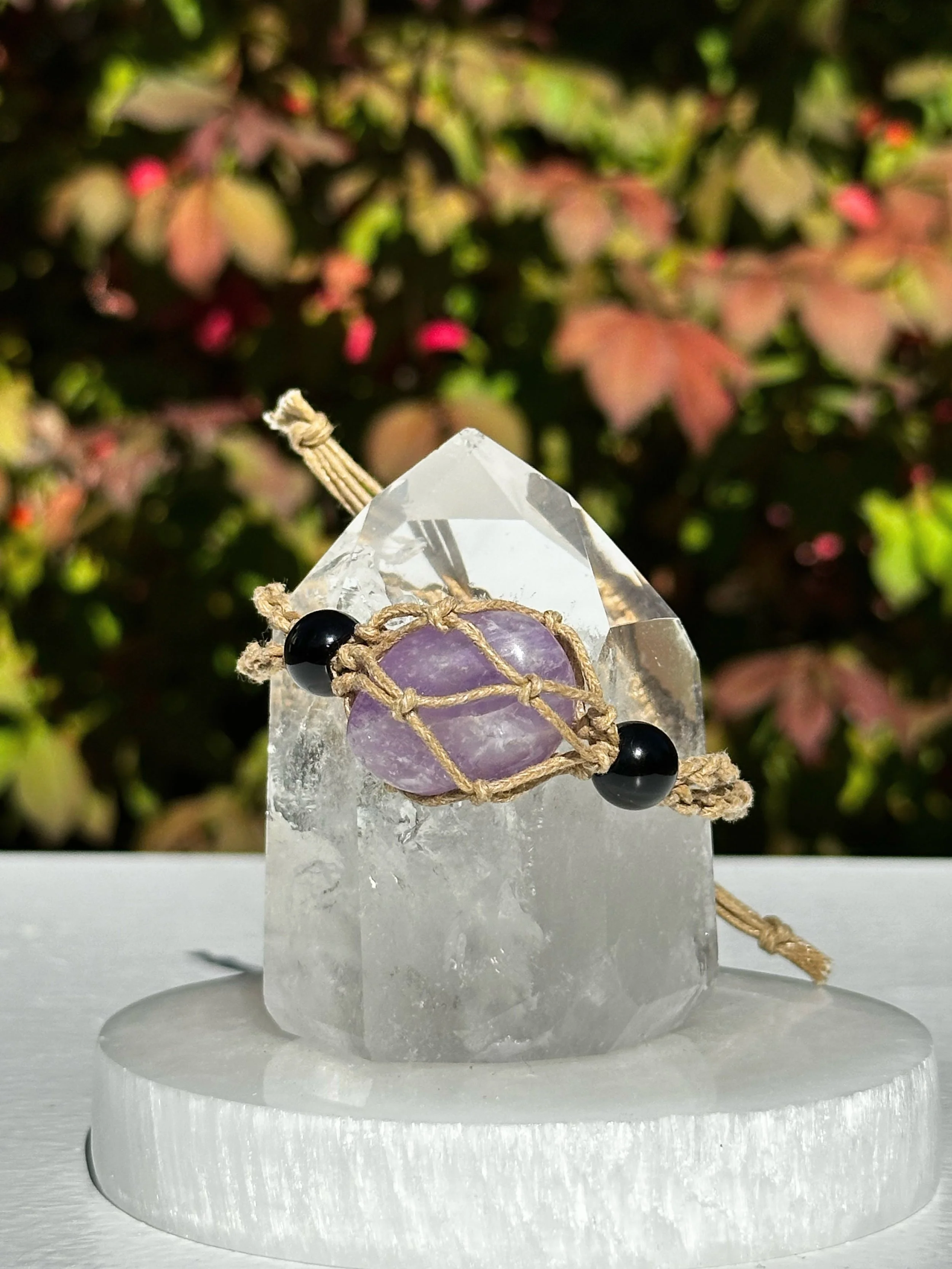 Macramé Braided Boho Crystal Bracelet Holder with Amethyst Crystal