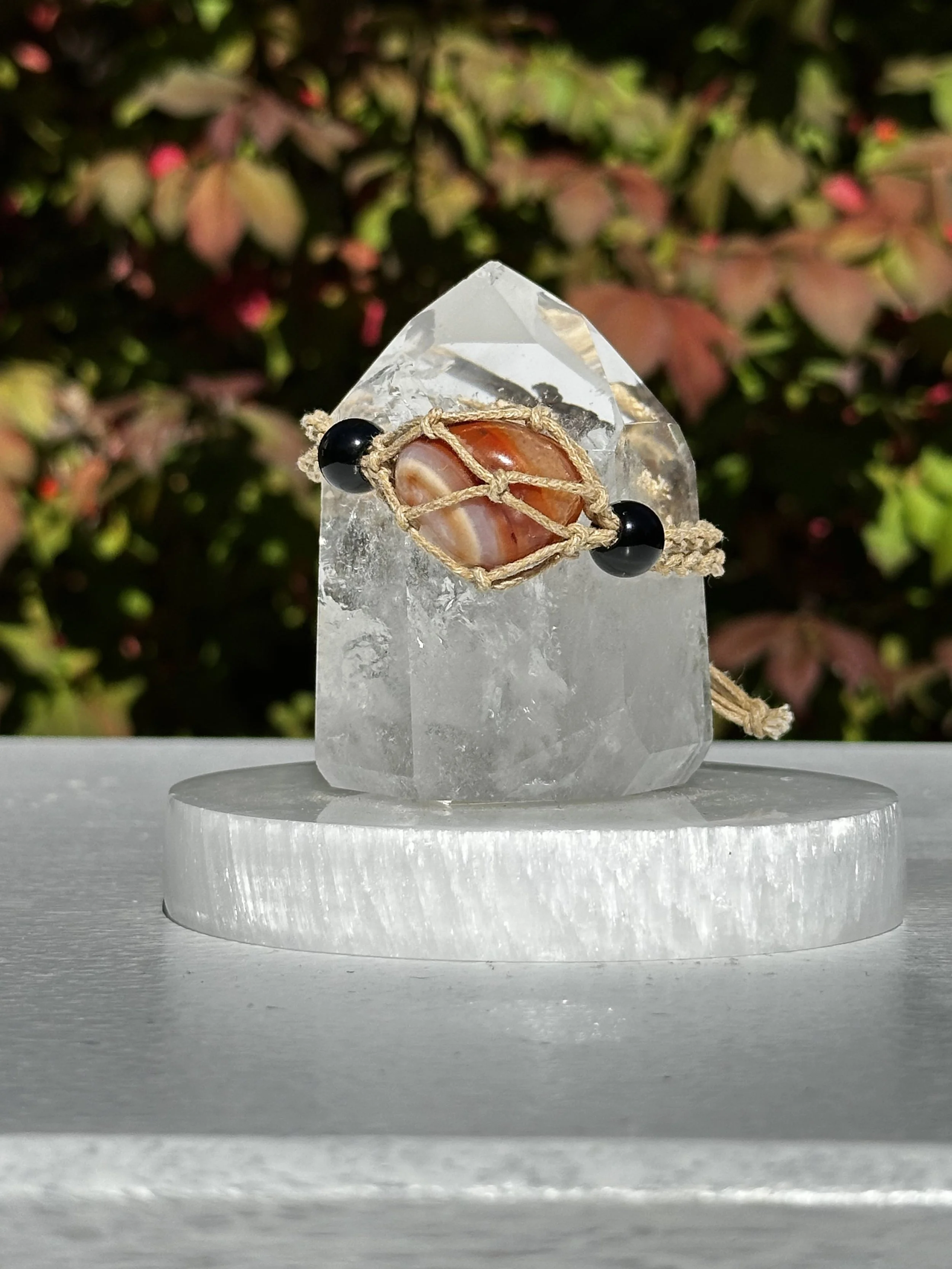 Macramé Braided Boho Crystal Bracelet Holder with Carnelian Crystal