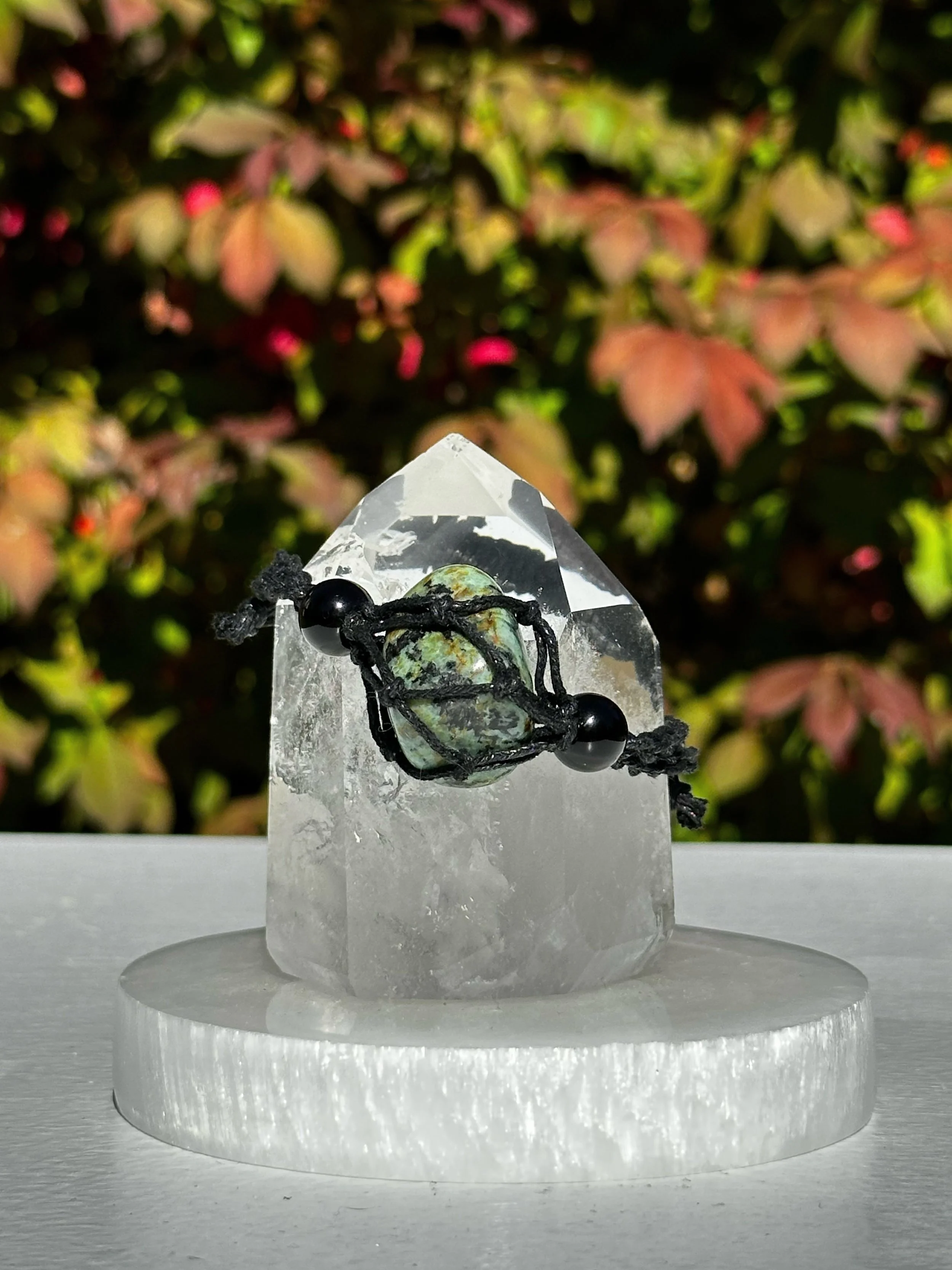 Macramé Braided Boho Crystal Bracelet Holder with African Turquoise Crystal