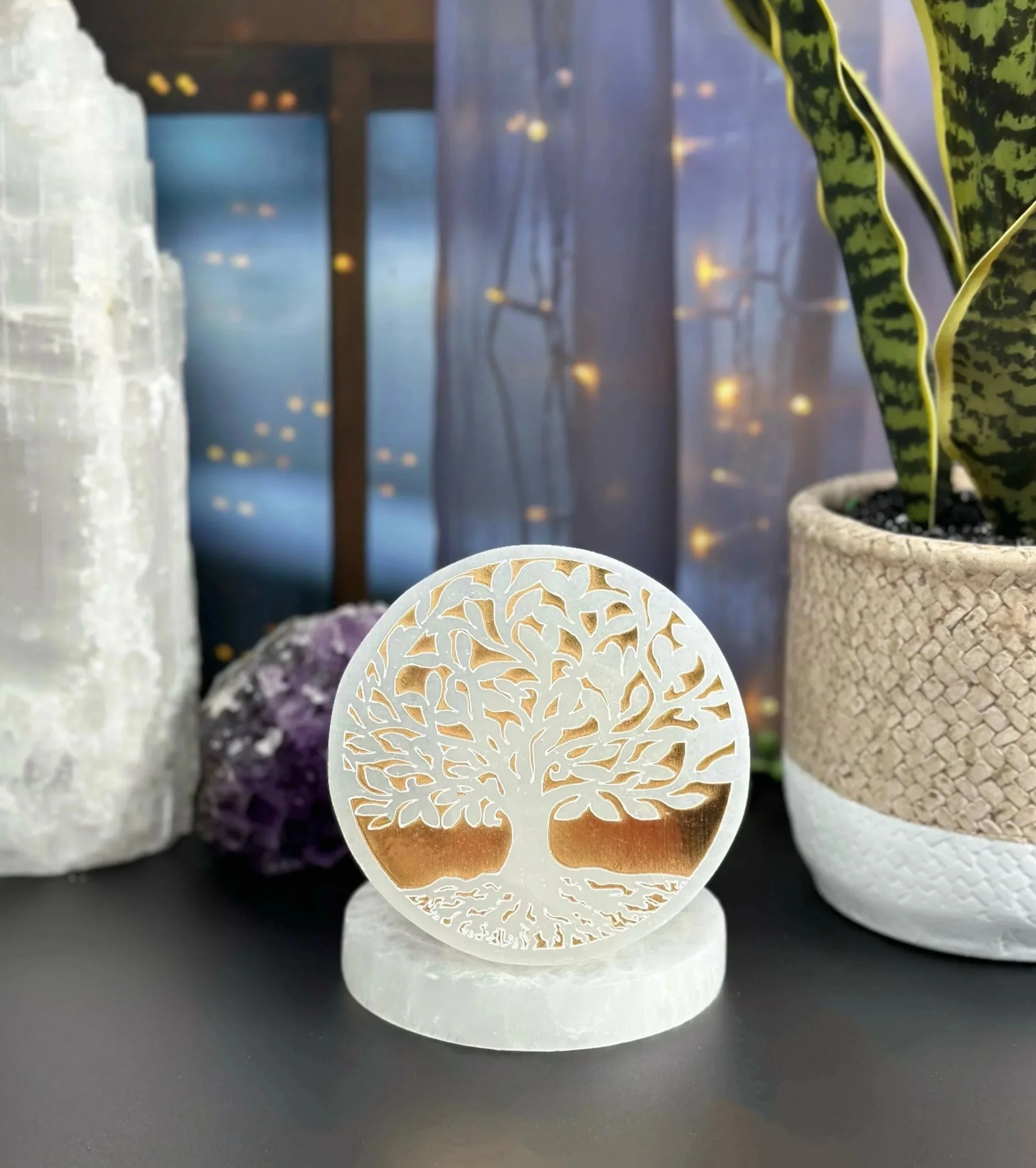 Golden Selenite Polished Tree of Life Charging Plate 4"