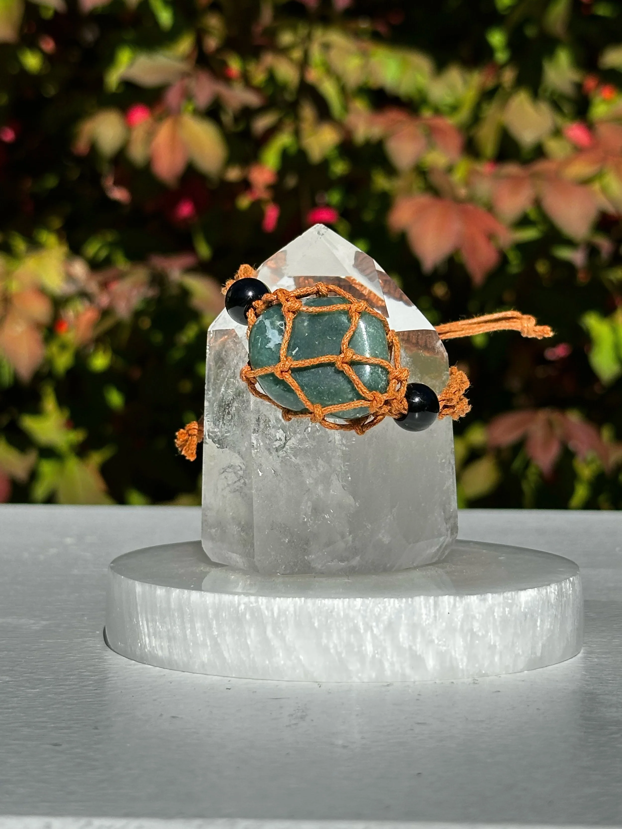 Macramé Braided Boho Crystal Bracelet Holder with Moss Agate Crystal