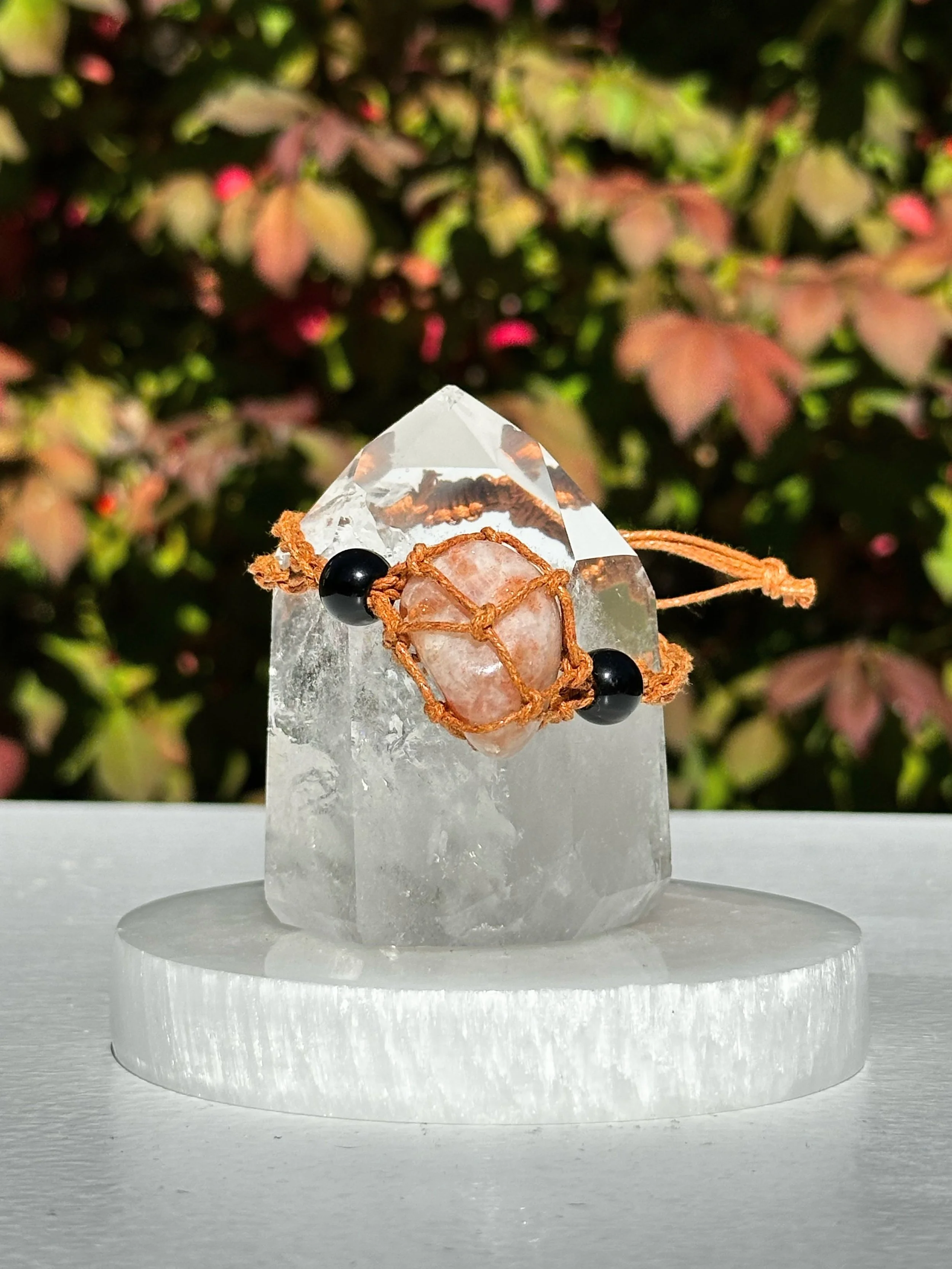 Macramé Braided Boho Crystal Bracelet Holder with Sunstone Crystal