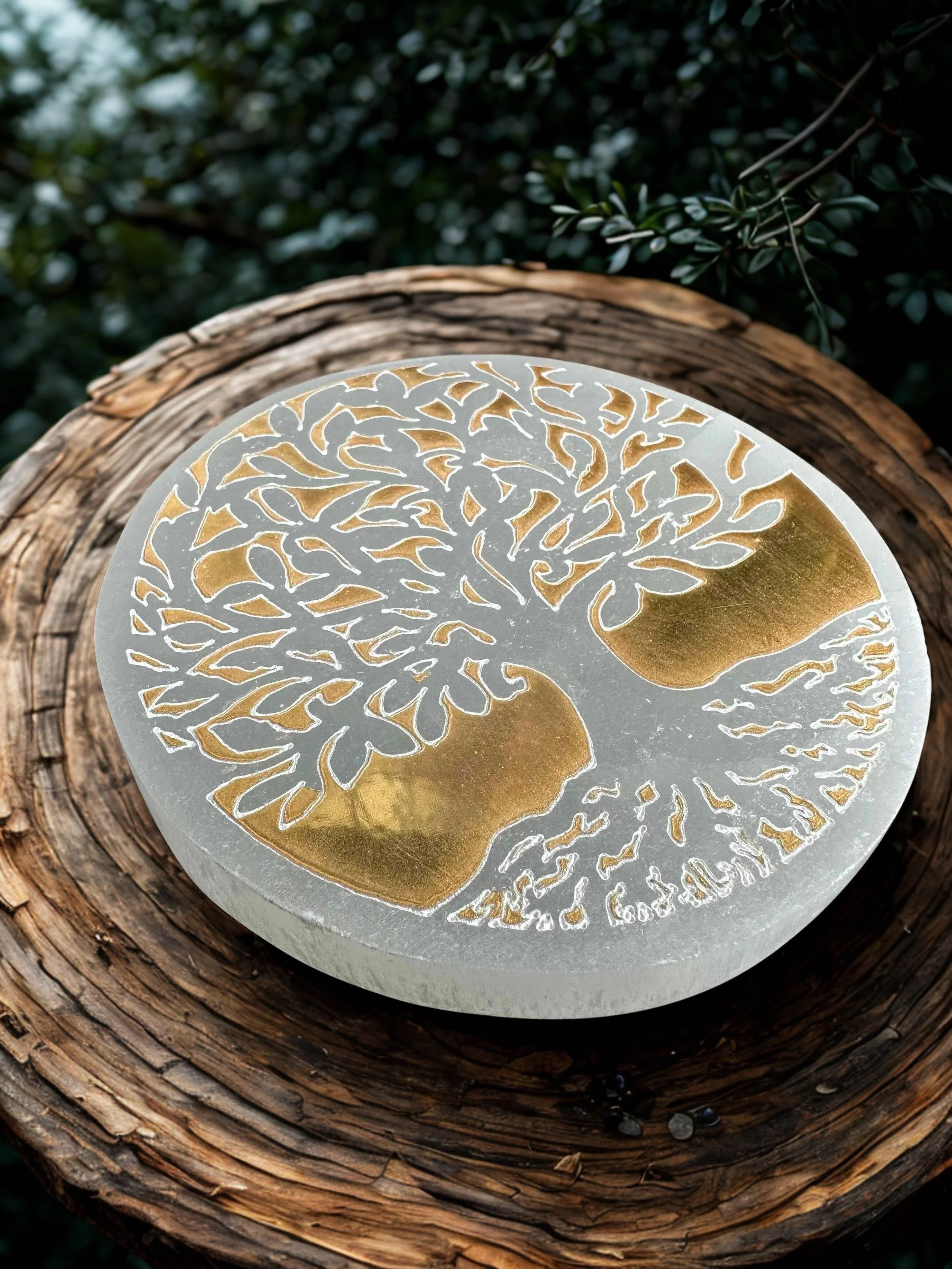 Golden Selenite Polished Tree of Life Charging Plate 4"