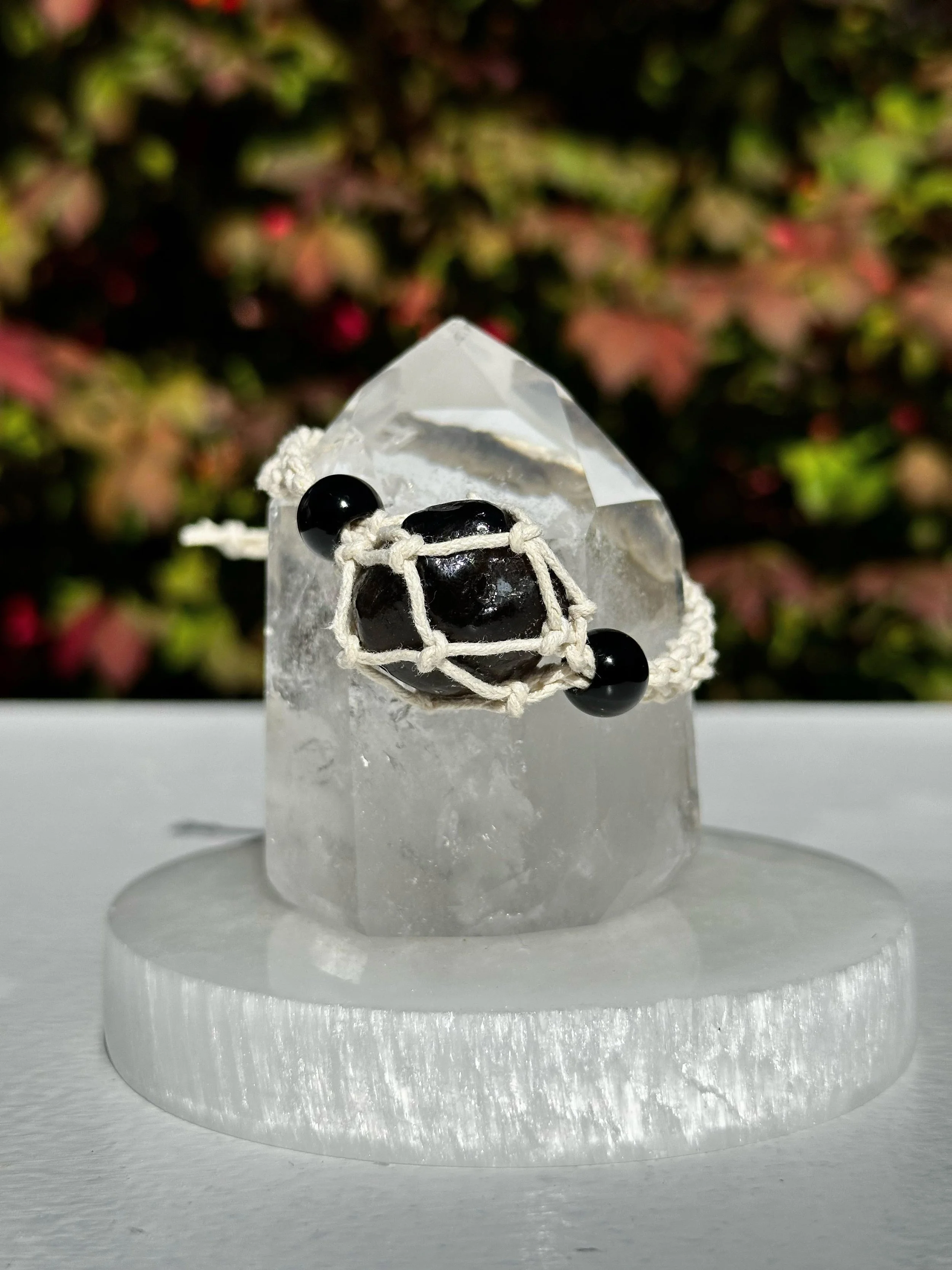 Macramé Braided Boho Crystal Bracelet Holder with Apache Tear Obsidian Crystal