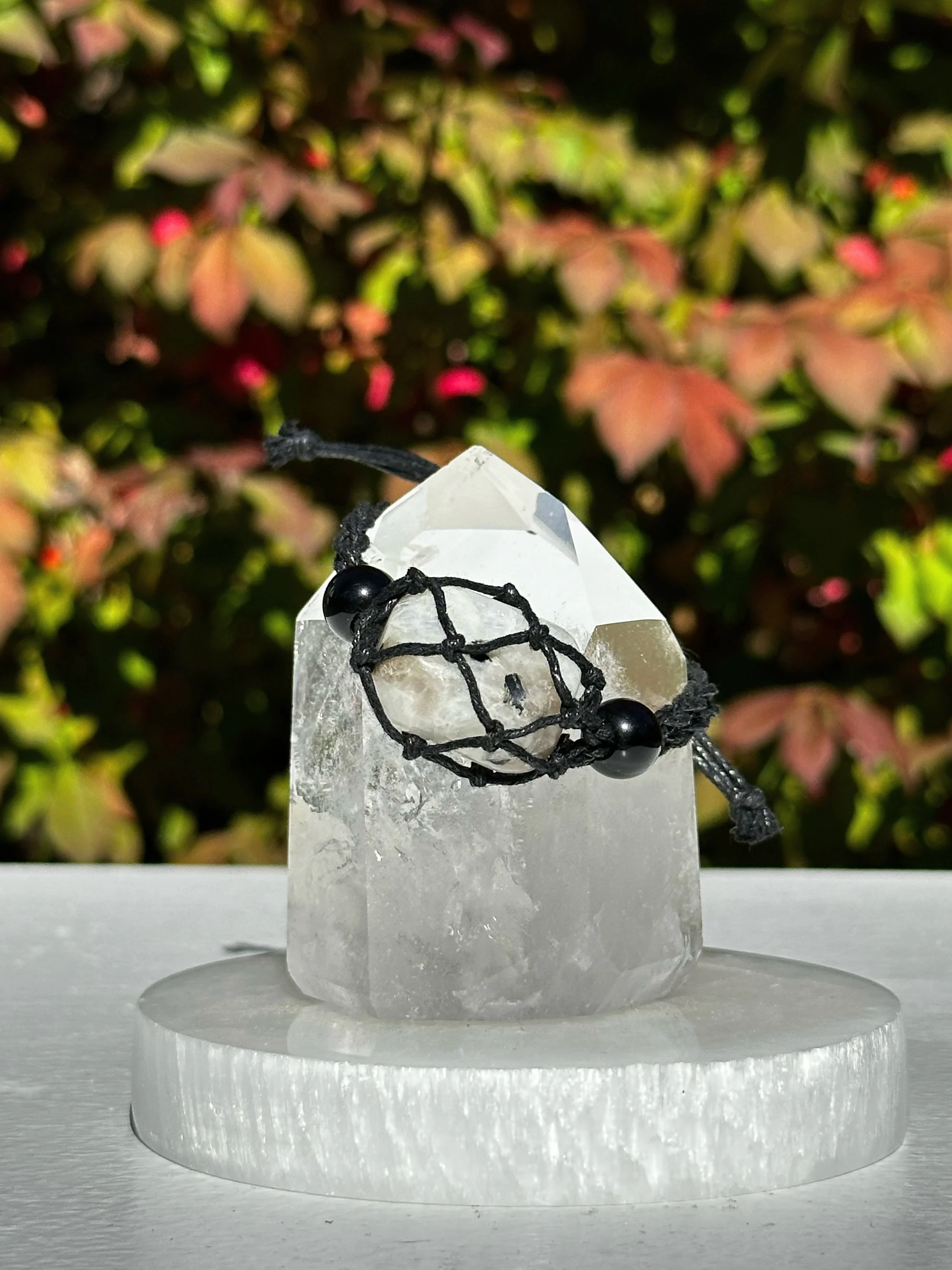 Macramé Braided Boho Crystal Bracelet Holder with Rainbow Moonstone Crystal