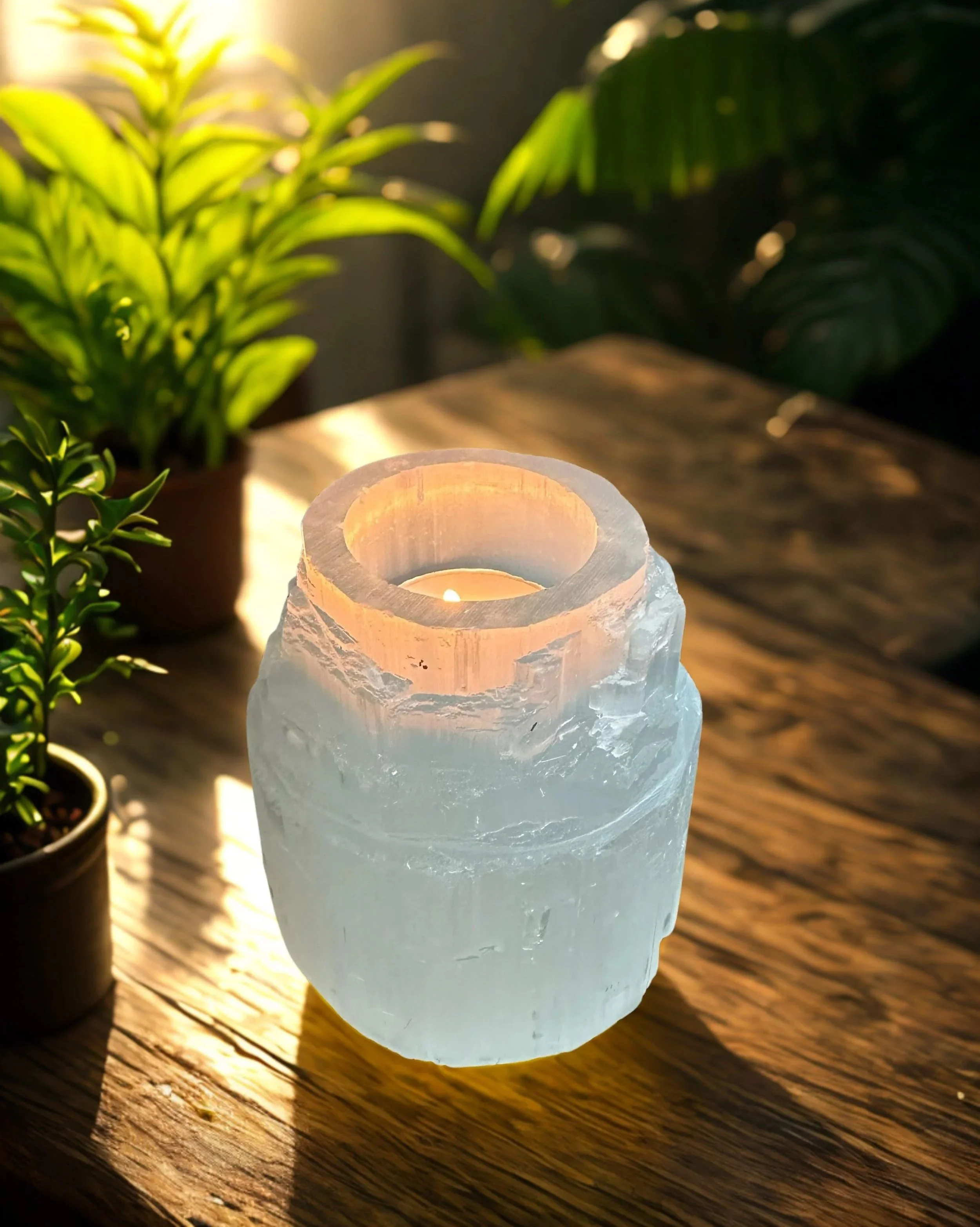 Selenite 3" Votive and Tea Light Candle Holder, Raw Iceberg