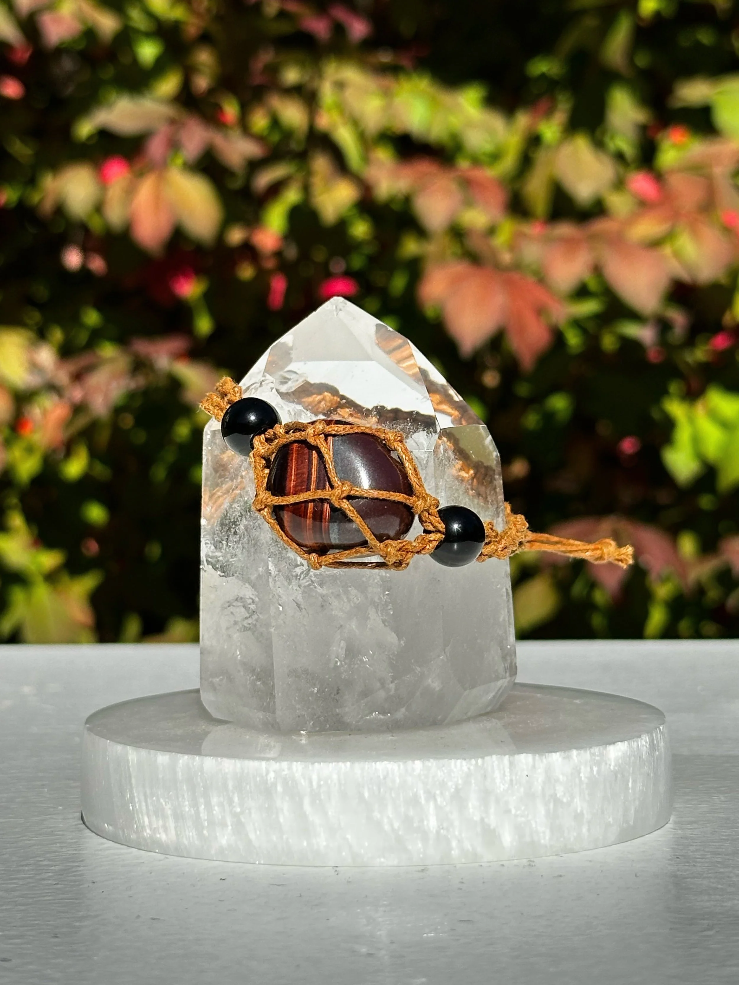 Macramé Braided Boho Crystal Bracelet Holder with Red Tigers Eye Crystal