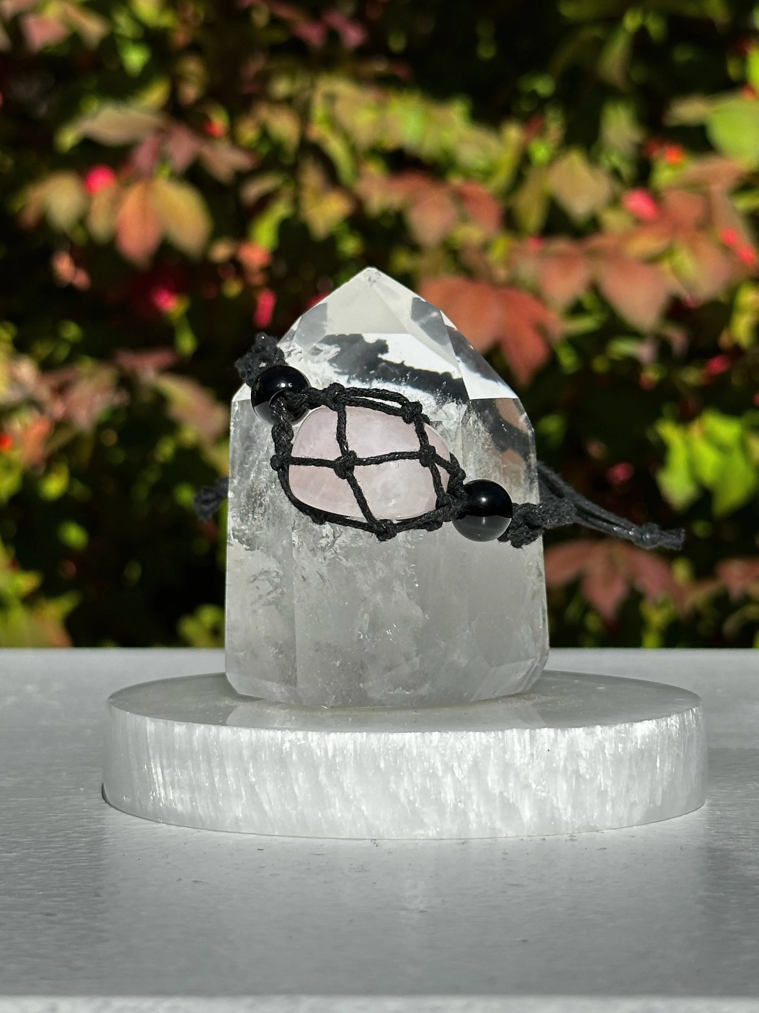 Macramé Braided Boho Crystal Bracelet Holder with Rose Quartz Crystal