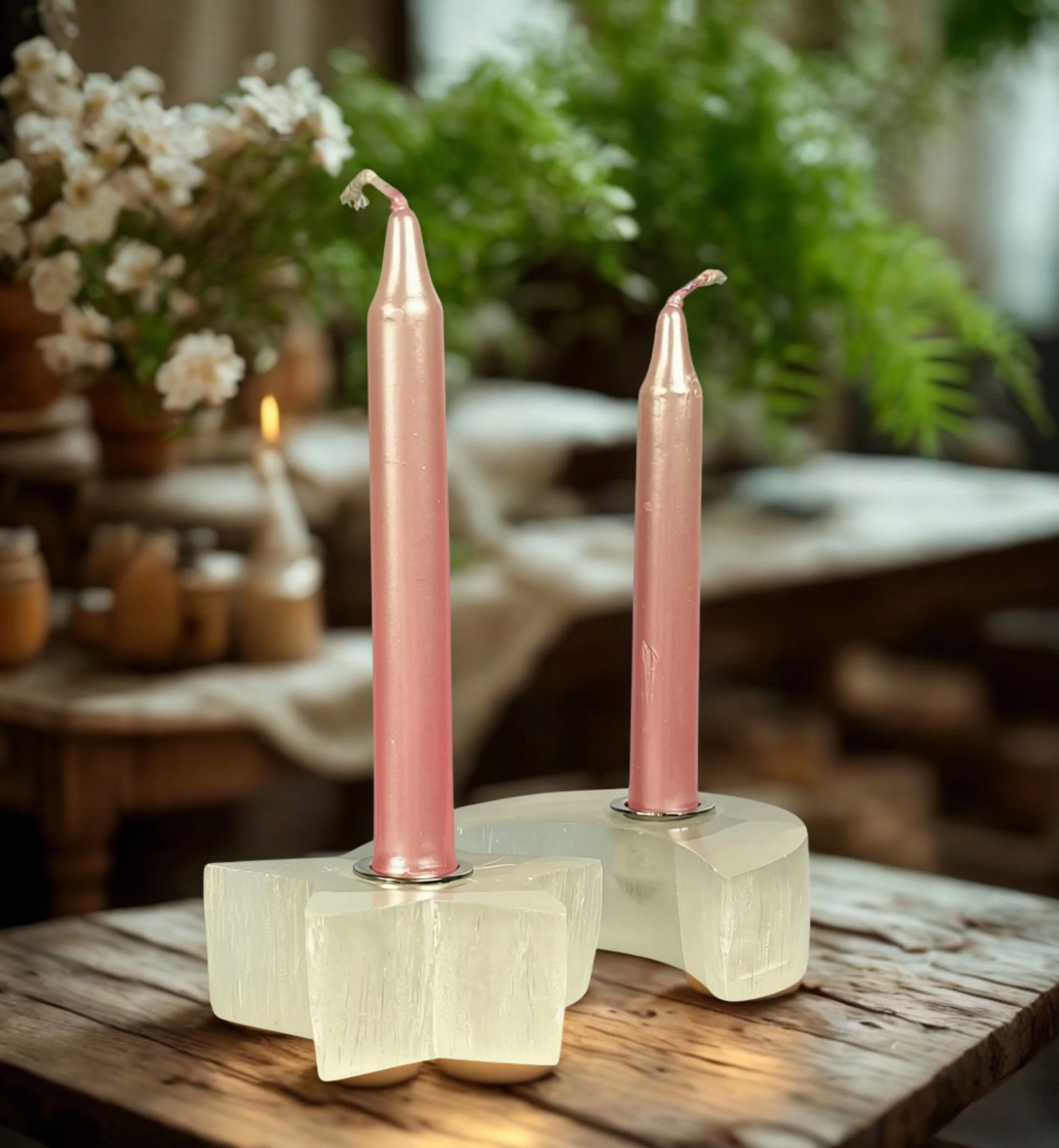 Selenite Polished Star and Moon Chime Candle Holders *NEW*