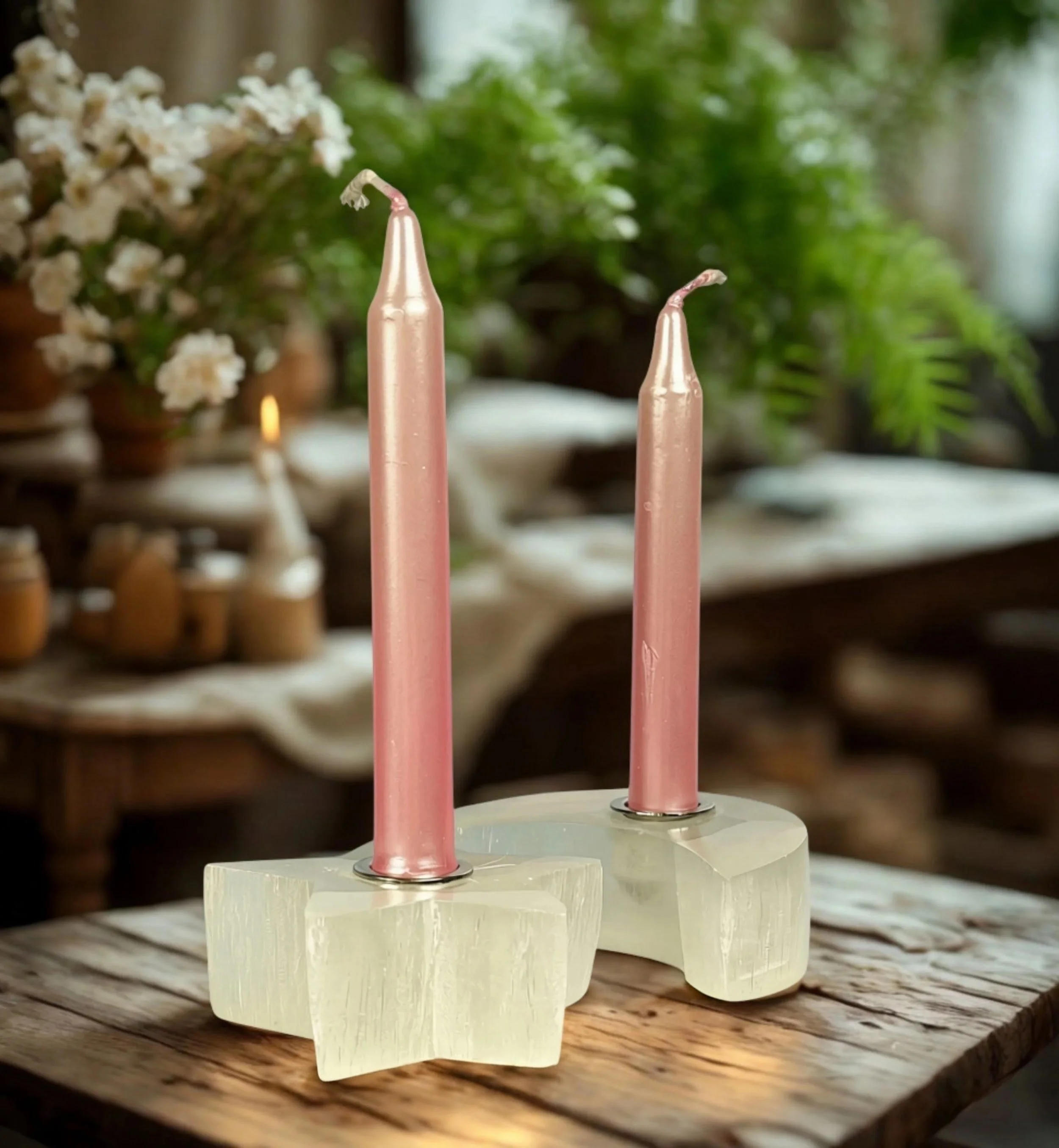 Selenite Polished Star and Moon Chime Candle Holders *NEW*