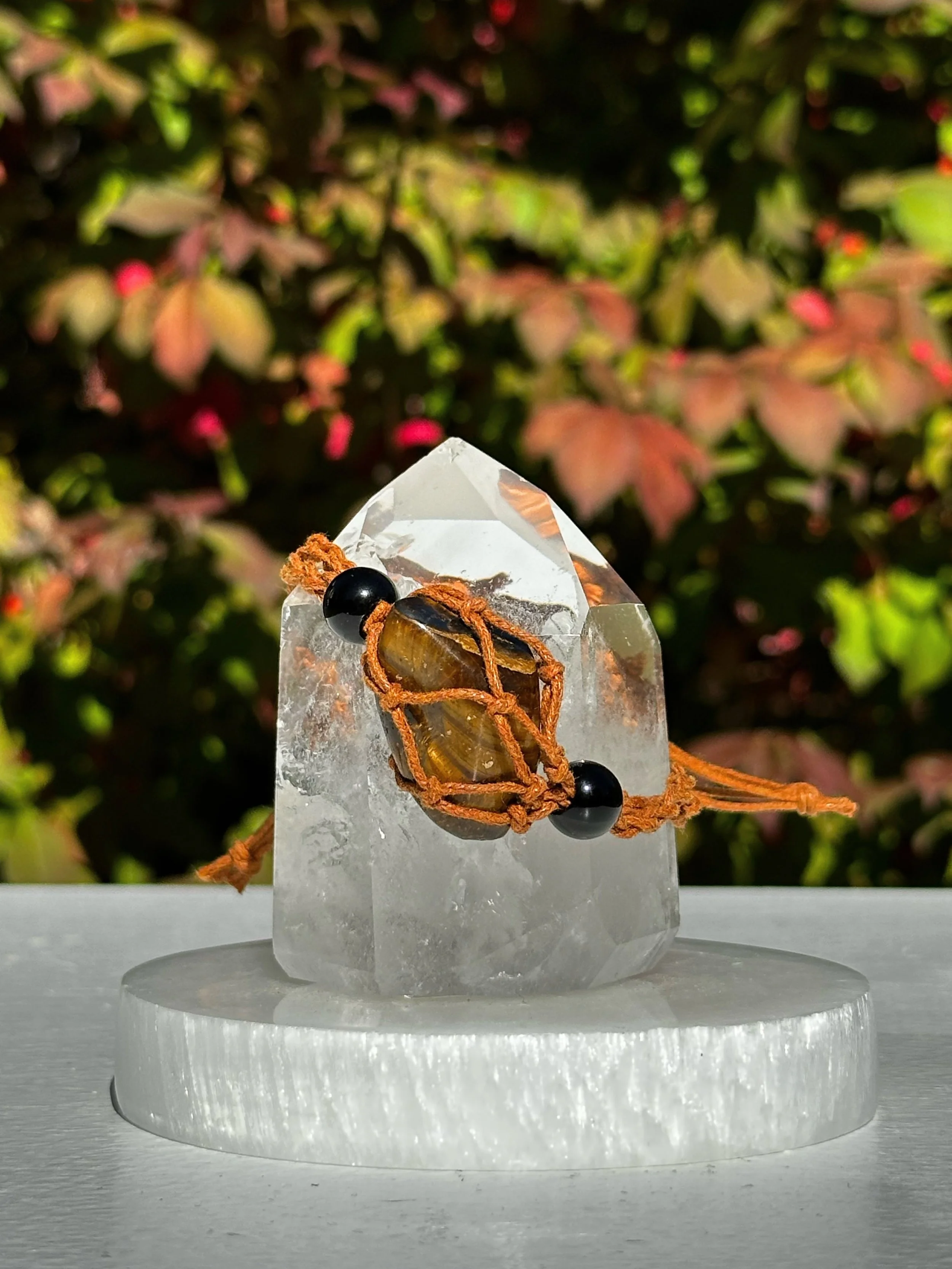 Macramé Braided Boho Crystal Bracelet Holder with Tigers Eye Crystal