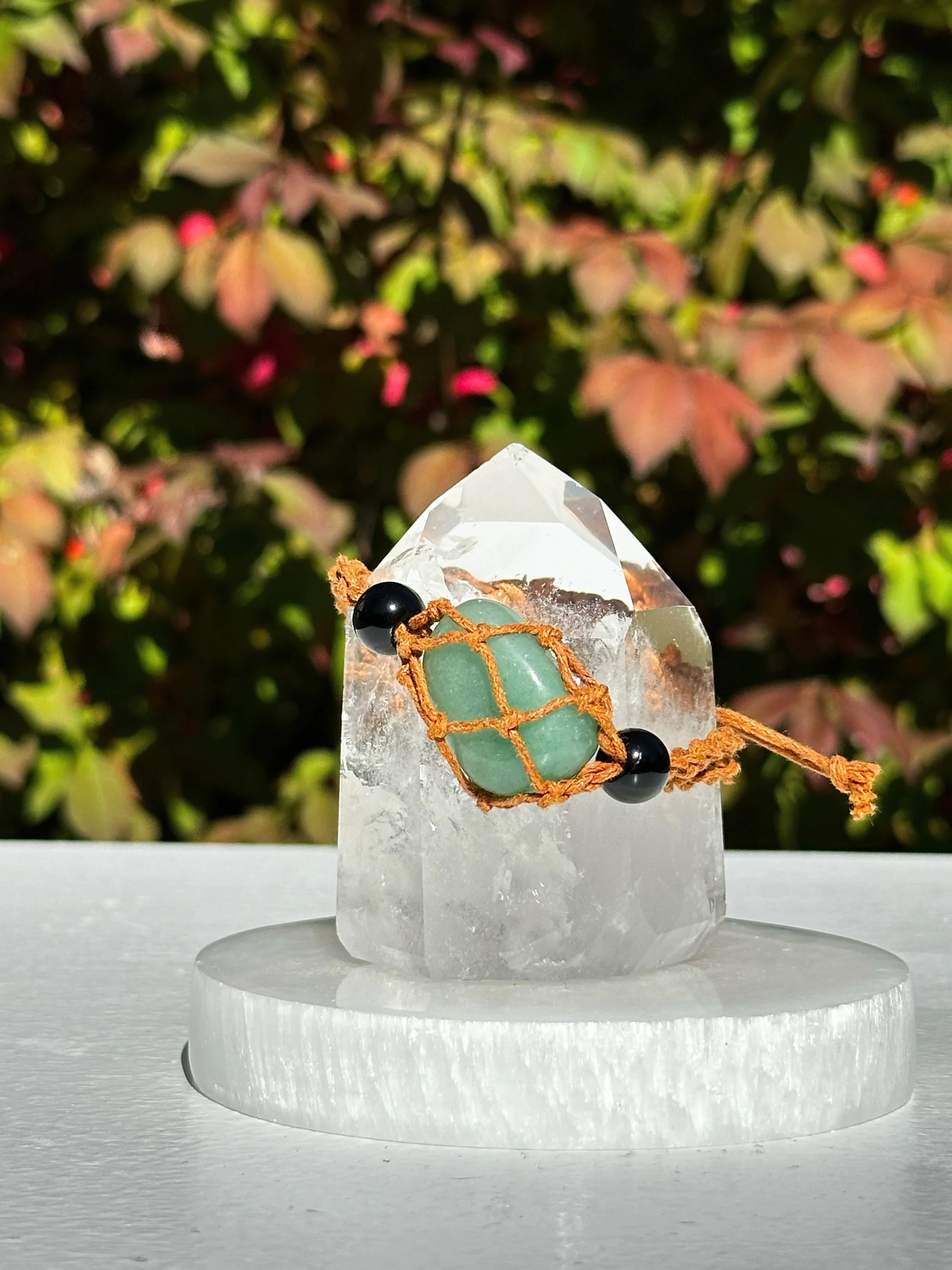 Macramé Braided Boho Crystal Bracelet Holder with Green Aventurine Crystal