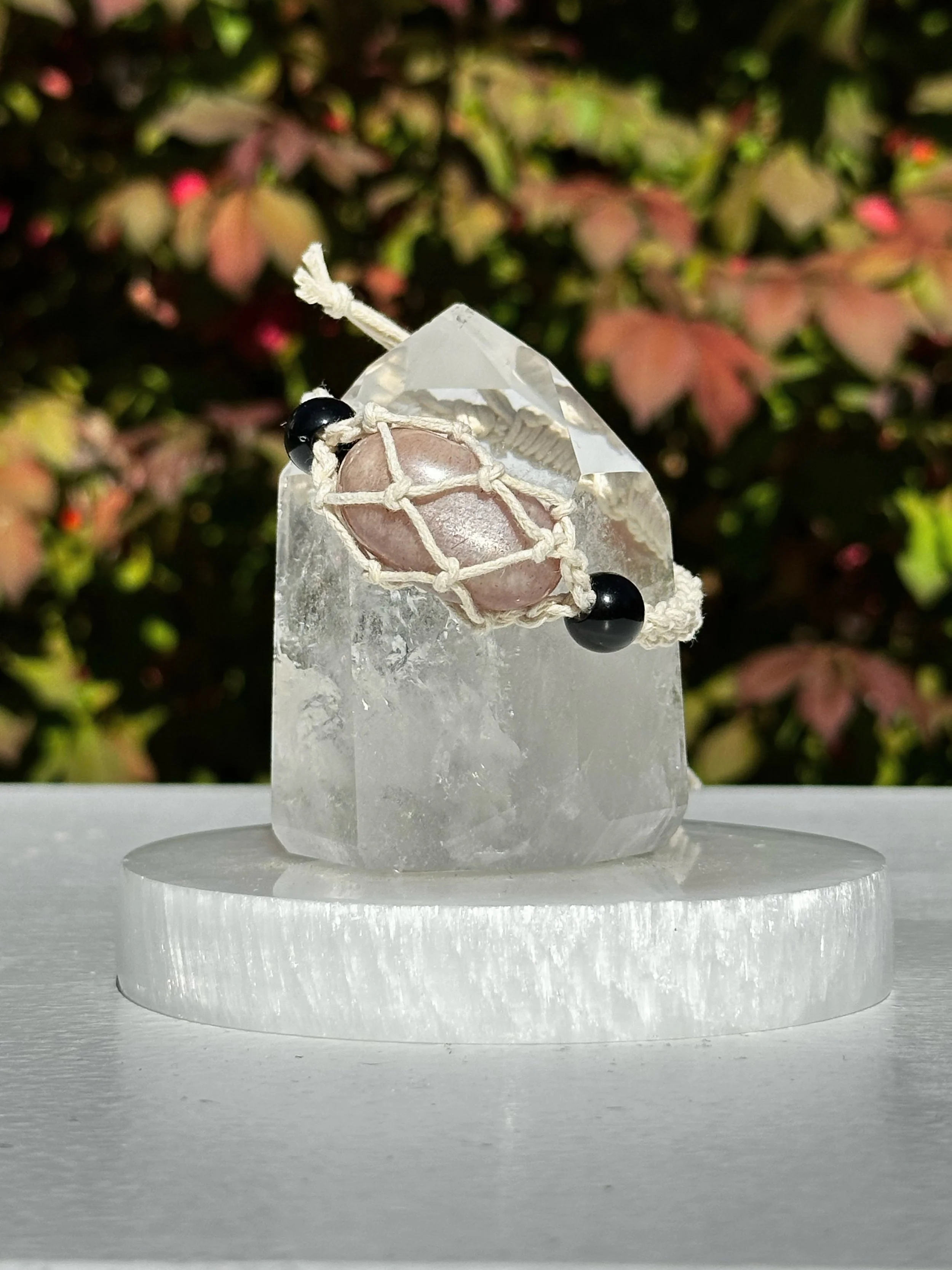 Macramé Braided Boho Crystal Bracelet Holder with Peach Moonstone Crystal