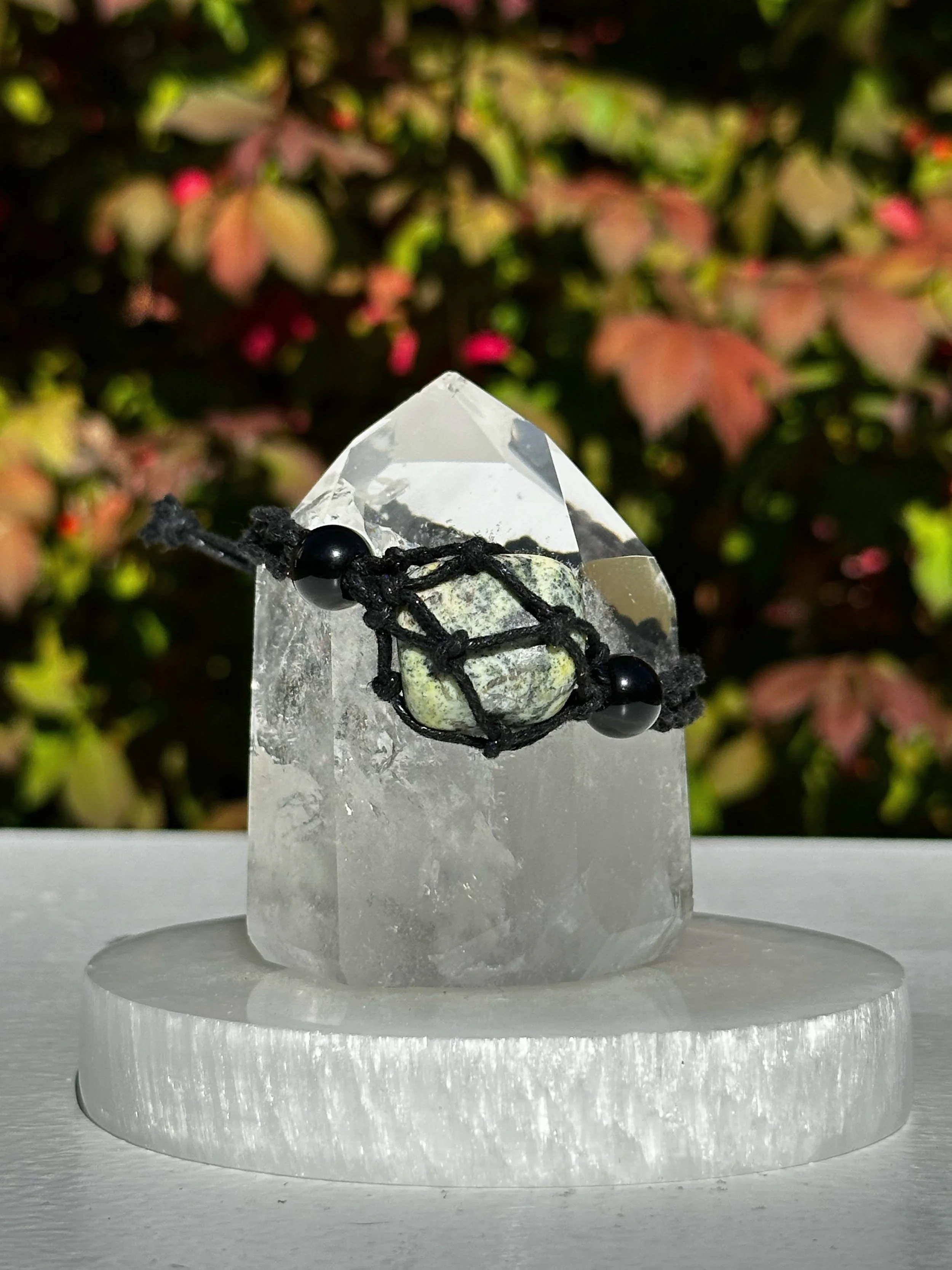 Macramé Braided Boho Crystal Bracelet Holder with Serpentine Crystal