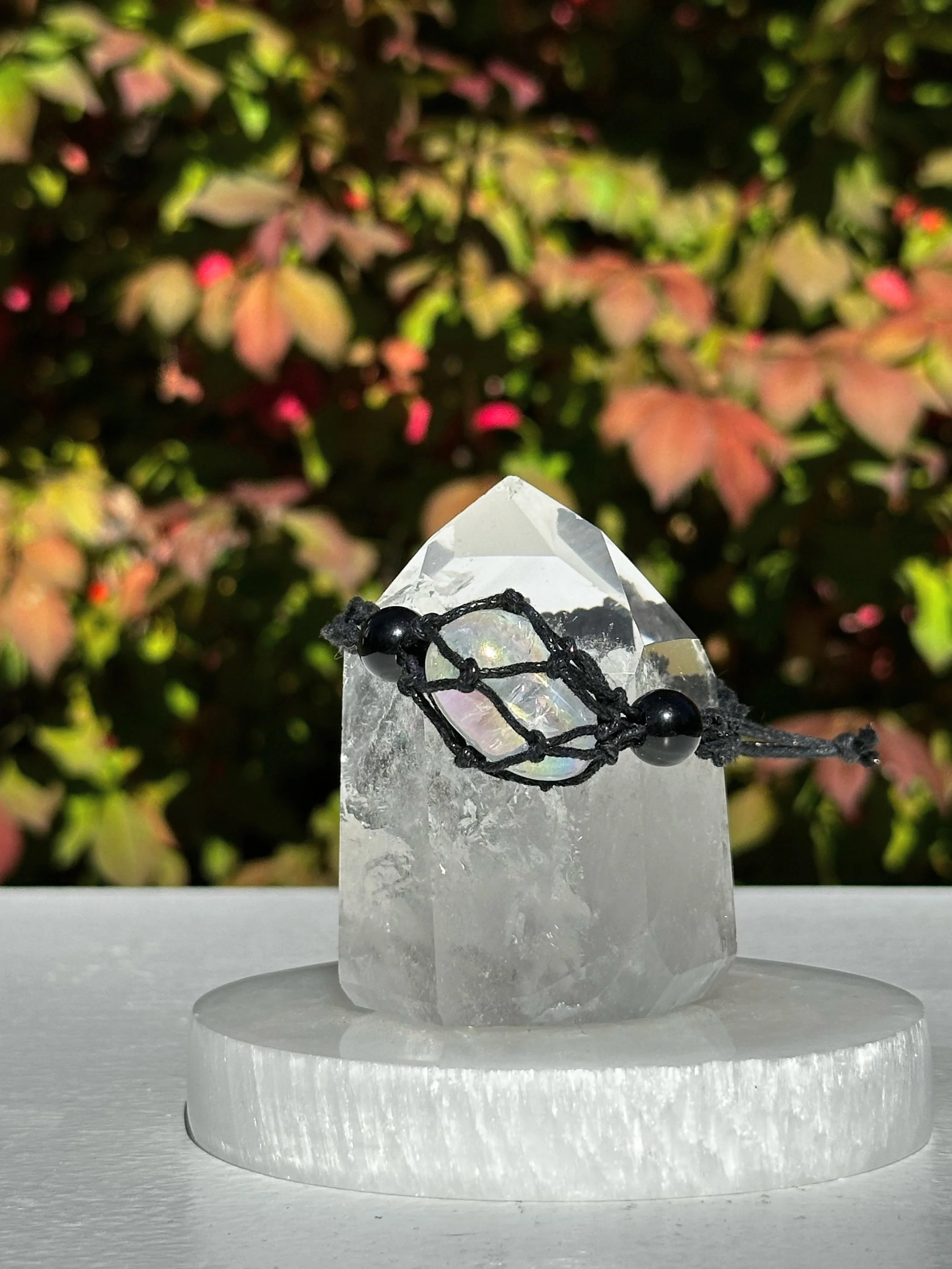 Macramé Braided Boho Crystal Bracelet Holder with Angel Aura Crystal