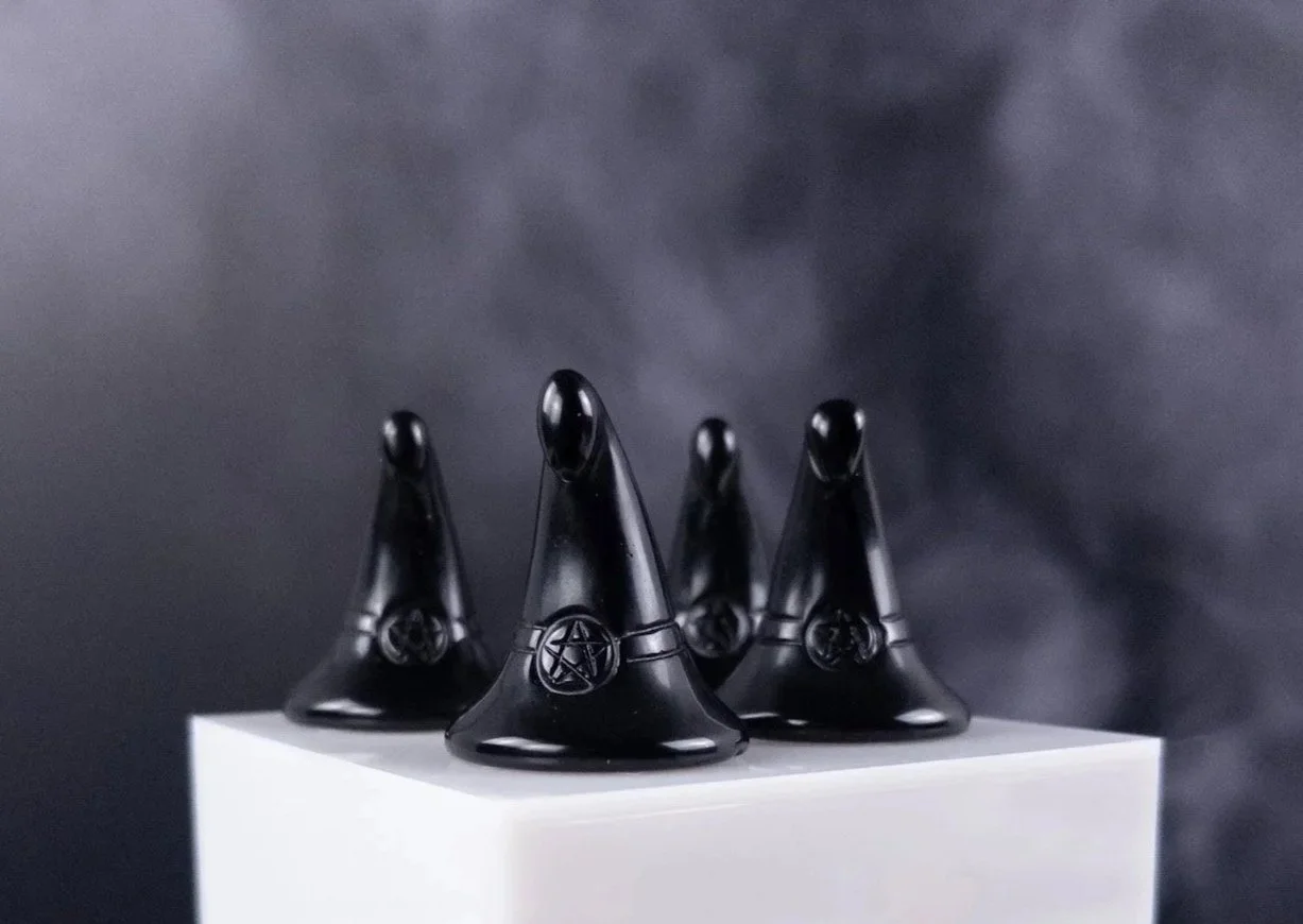 Black Obsidian 2" Carved Witch Hat with Pentacle