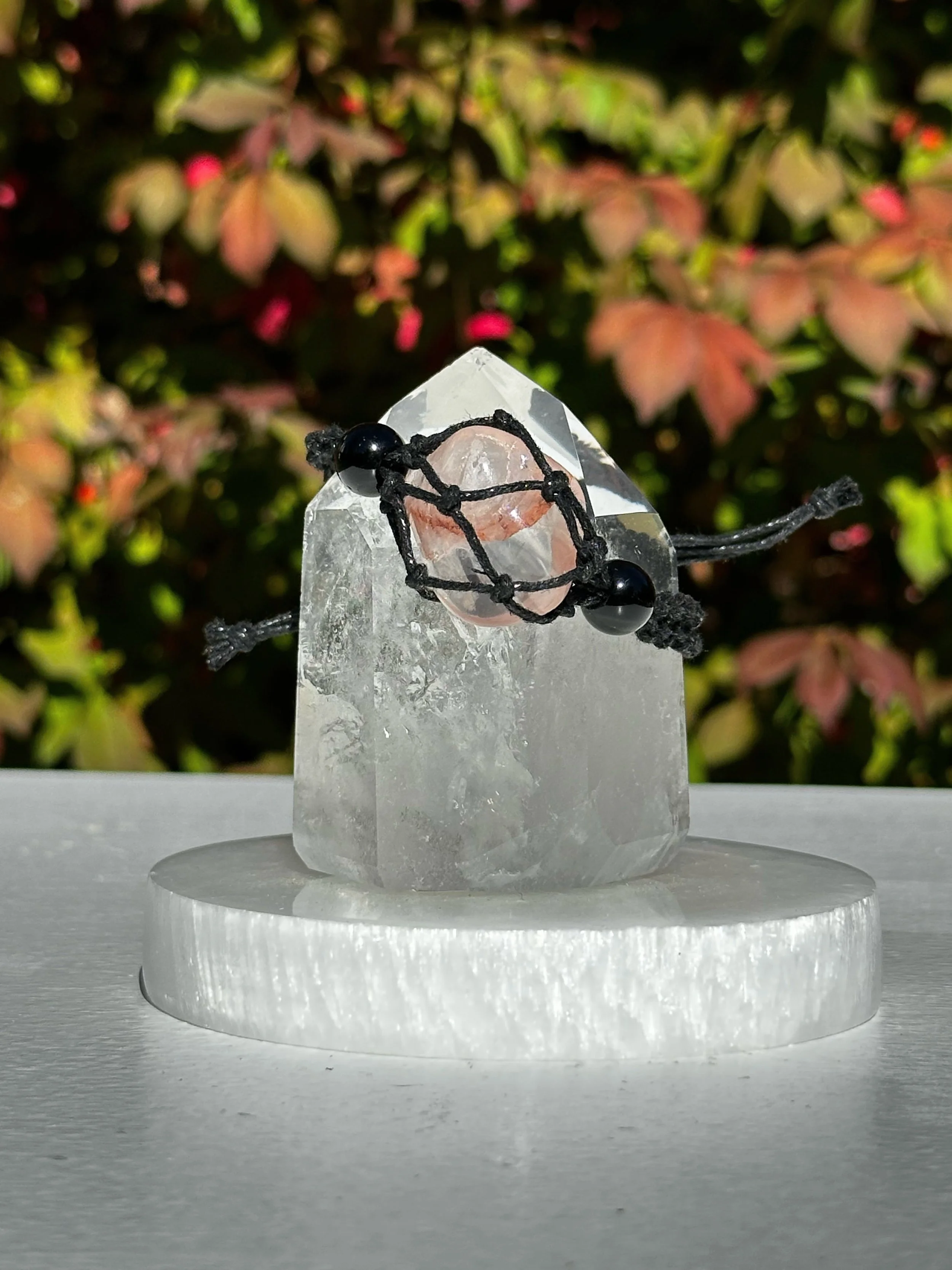 Macramé Braided Boho Crystal Bracelet Holder with Fire Quartz Crystal