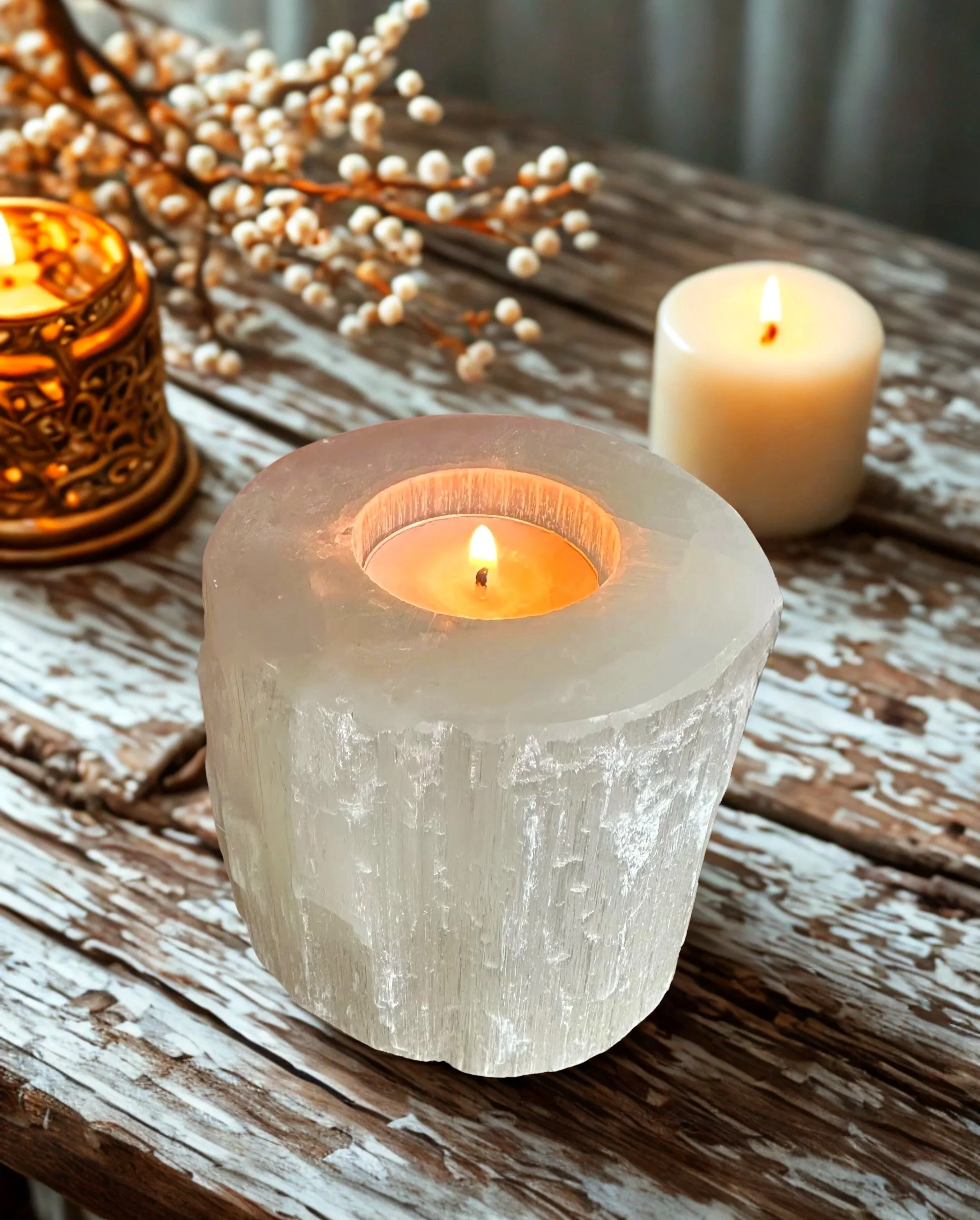 Selenite 3" Cylinder Votive and Tea Light Candle Holder, Raw Iceberg