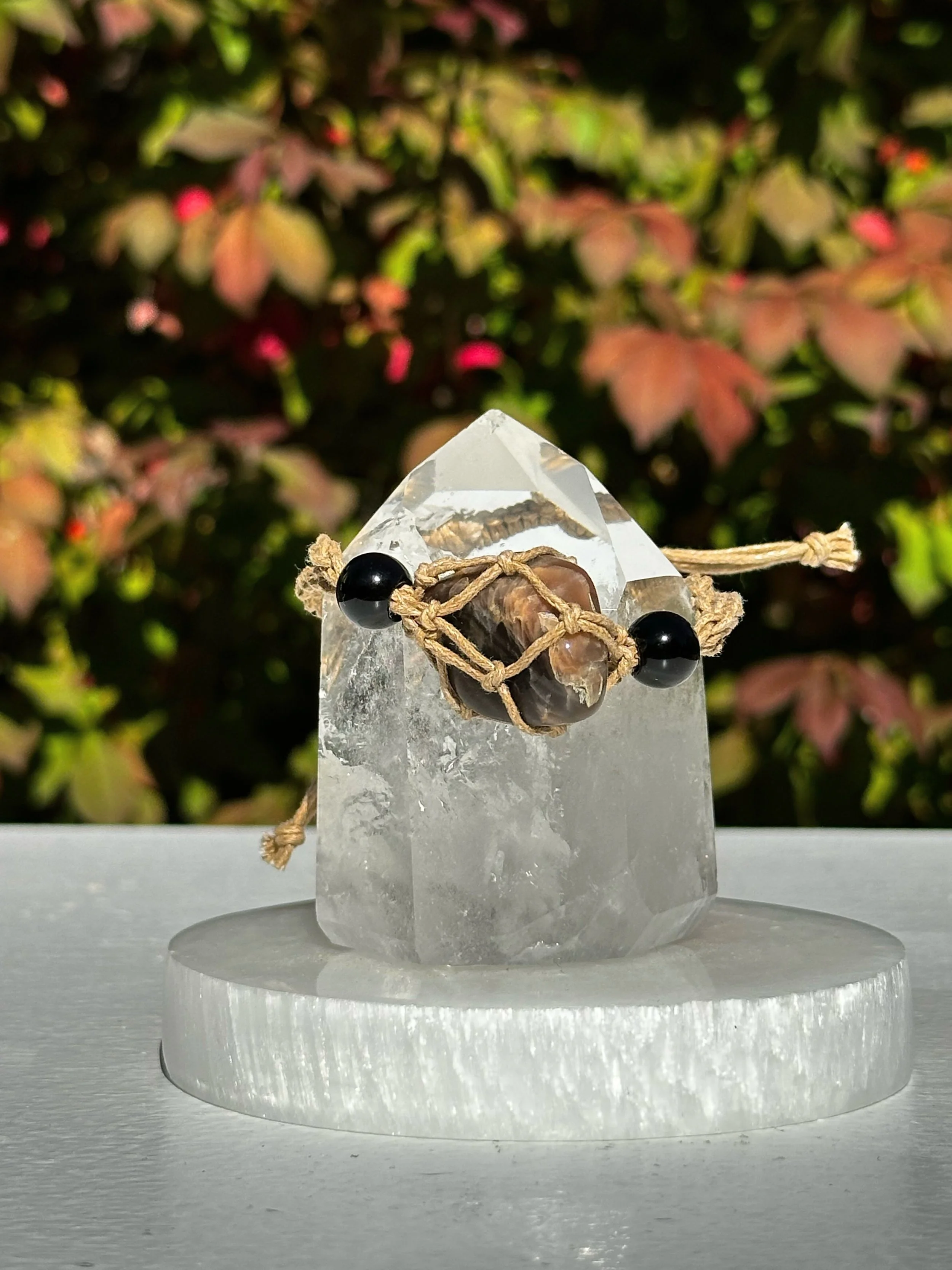 Macramé Braided Boho Crystal Bracelet Holder with Black Moonstone Crystal