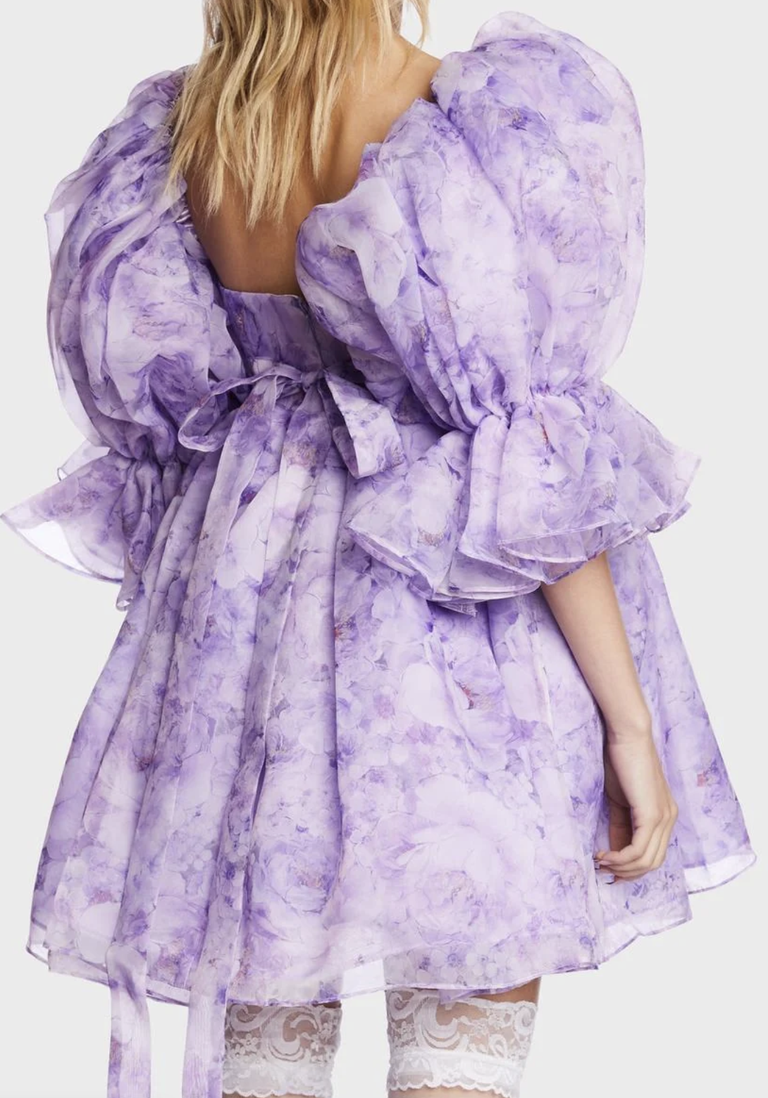 Fanciful Doll - Lilac Floral Organza Mini Puff Dress with Matching Silk Bow