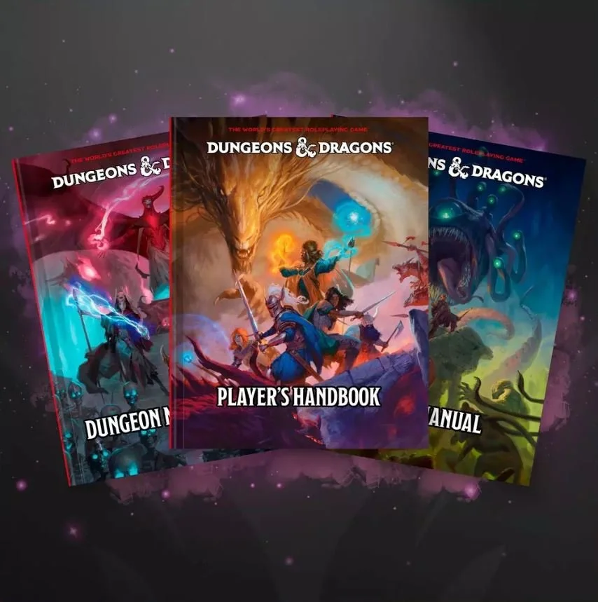 Cover art for three D&D books: the Dungeon Master's Guide, Monster Manual, and Player's Handbook.