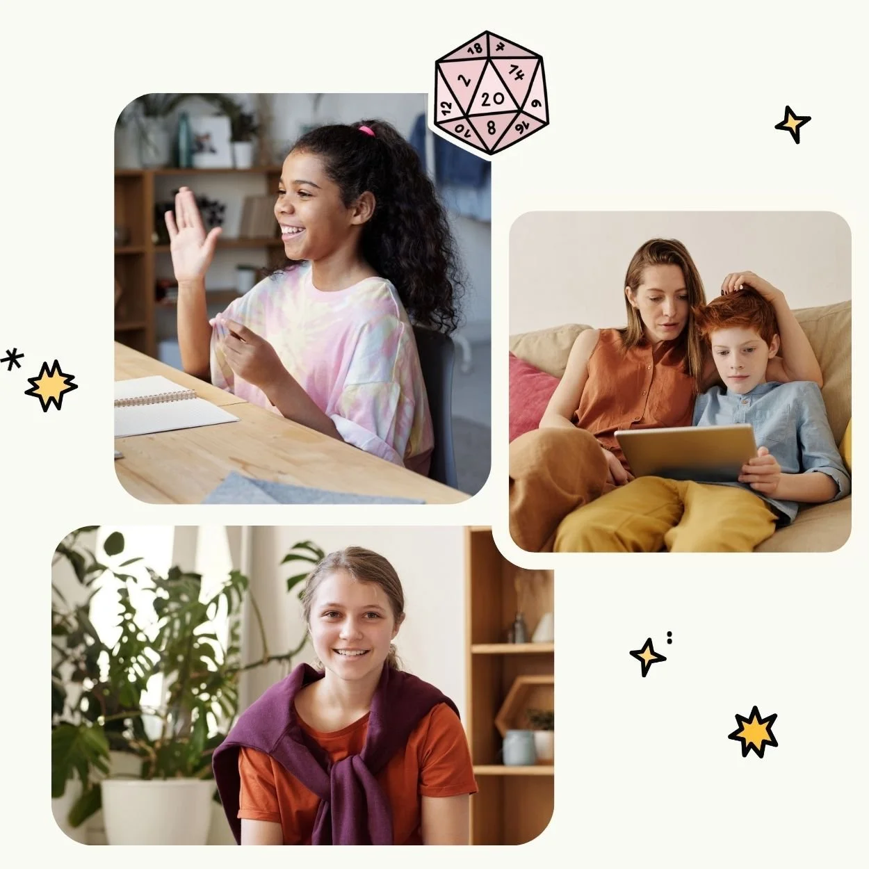 Kids, teens, and an adult participating in online Dungeons and Dragons games