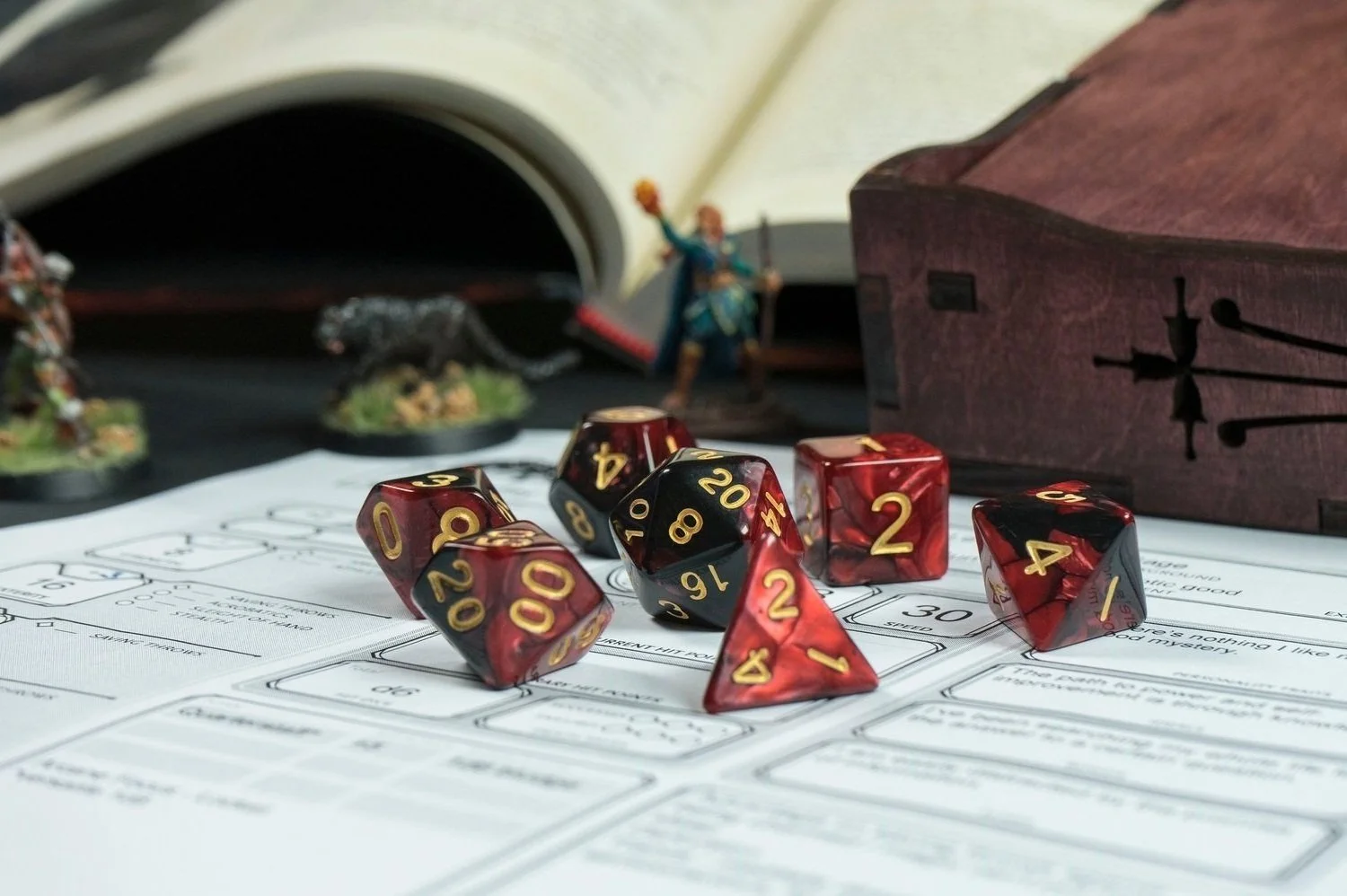Dice, miniatures, and a character sheet sit against a backdrop of an open book and leather bound journal.