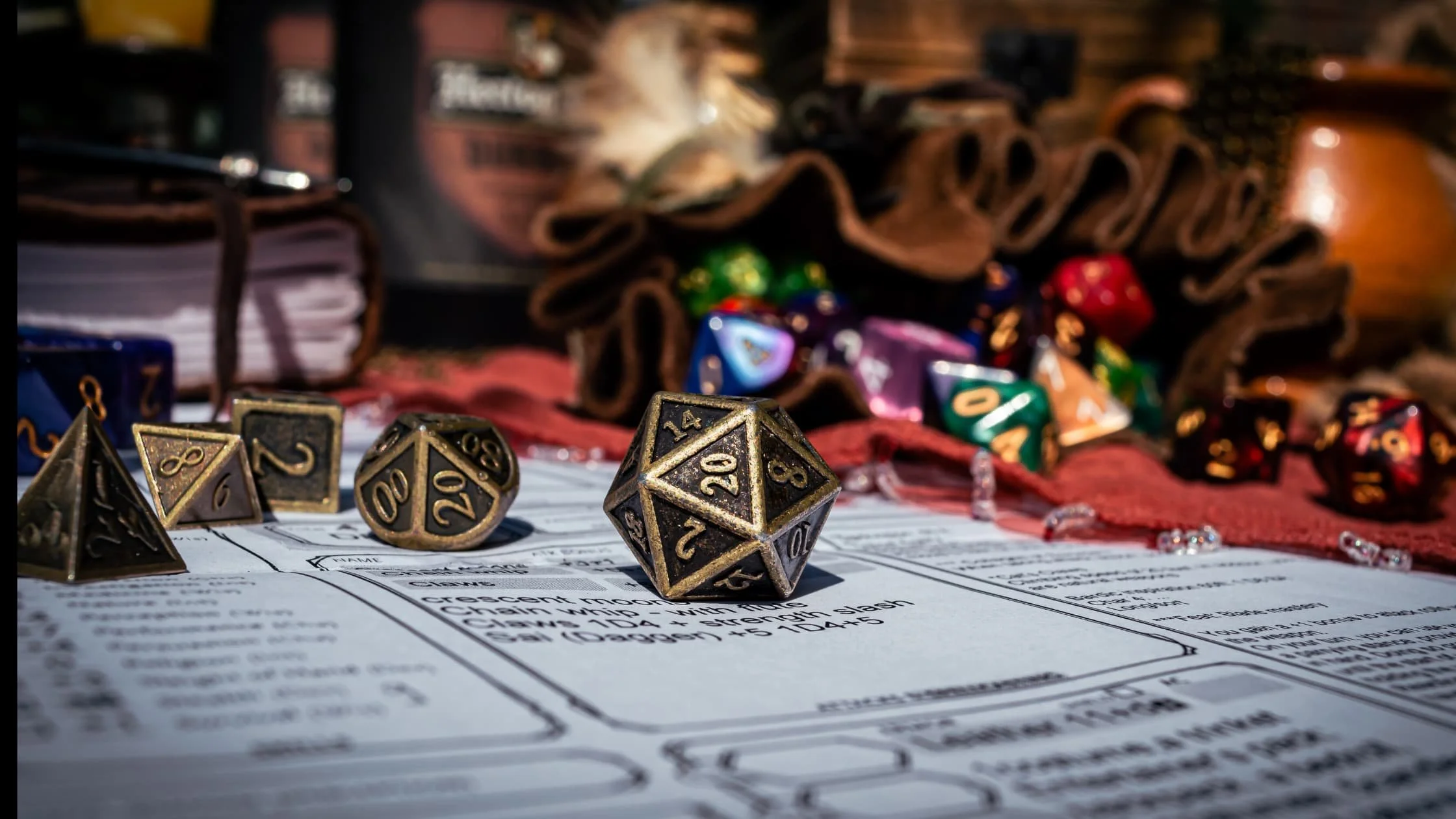 Polyhedral dice, character sheets arranged for a teen DND club.