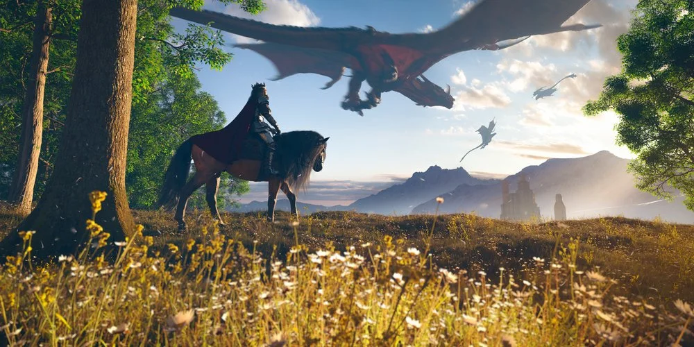 A king rides his horse toward adventure, guided by dragons.