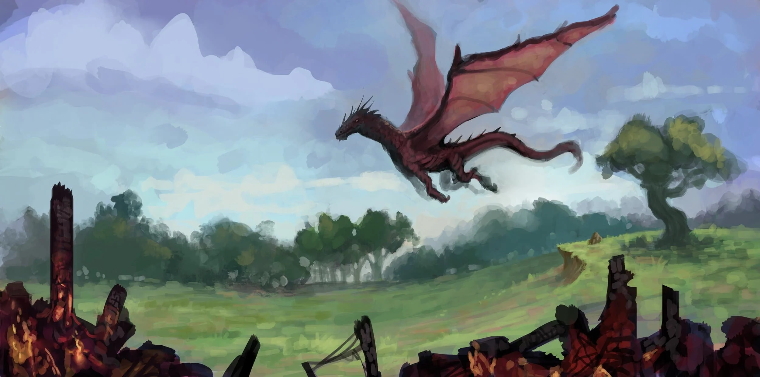 Illustration of a dragon soaring over a pastoral fantasy landscape.