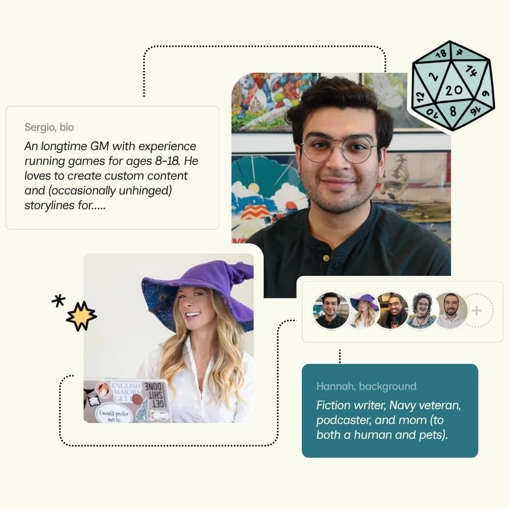 Young Dragonslayers Game Masters Sergio and Hannah, with snippets from their team bios.