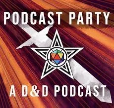 Logo for Podcast Party: a D&D Podcast. featuring a sword, 20-sided die, and a black star.