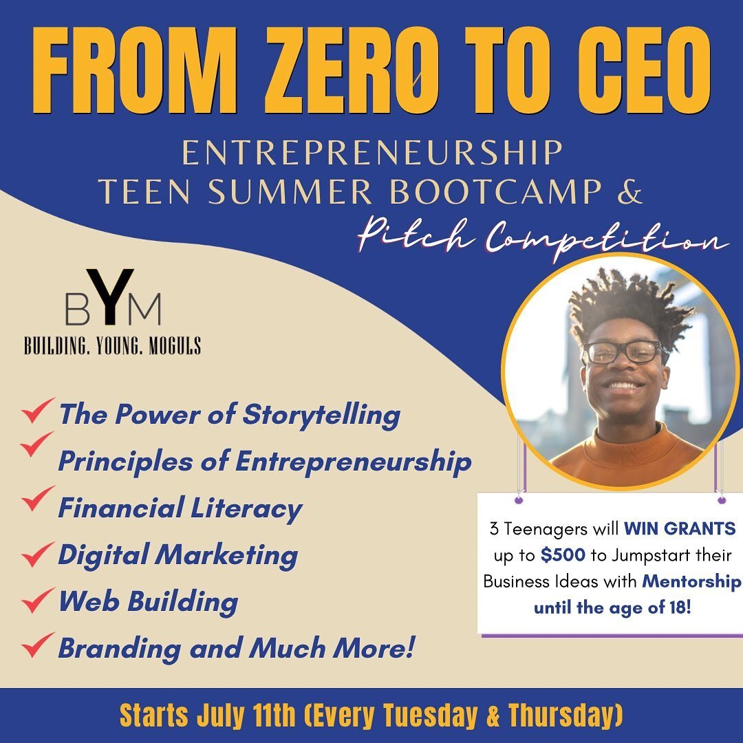 Attention all young entrepreneurs! 
.
.
Are you ready to take your business idea to the next level? Join our Teen Entrepreneurship Summer Bootcamp Program where you'll learn how to turn your ideas into a business, connect with like-minded peers, and 