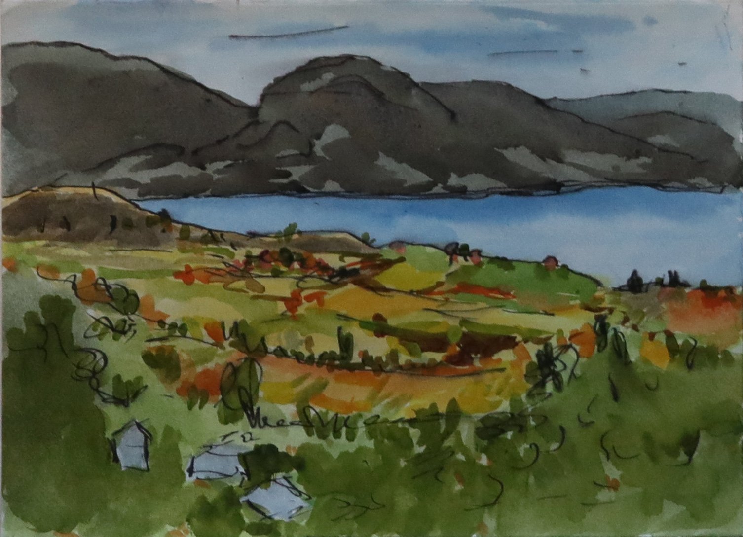 Bench above Okanagan Lake, Summerland BC - watercolour