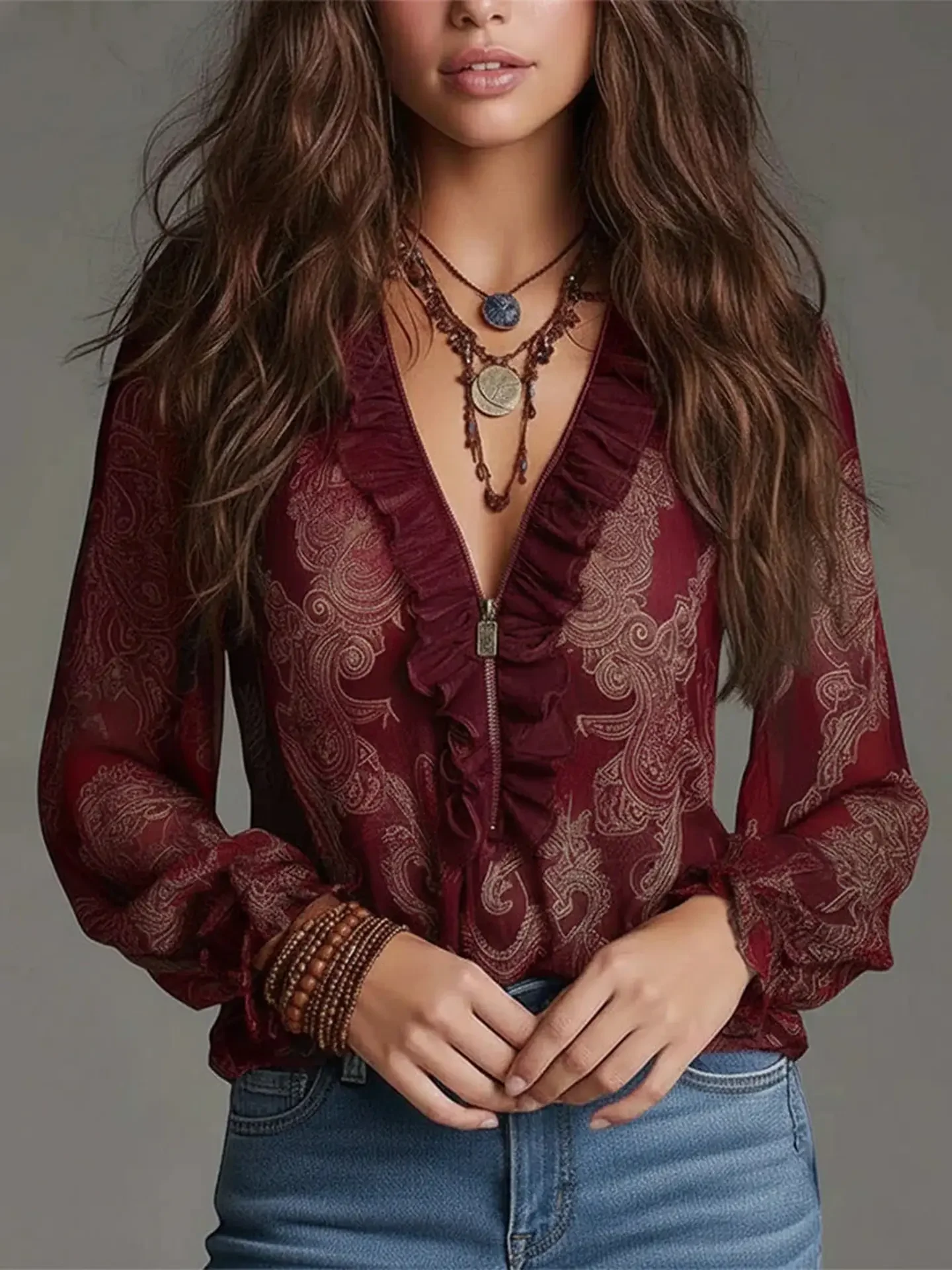 Elegant Burgundy Ruffled V-Neck Blouse