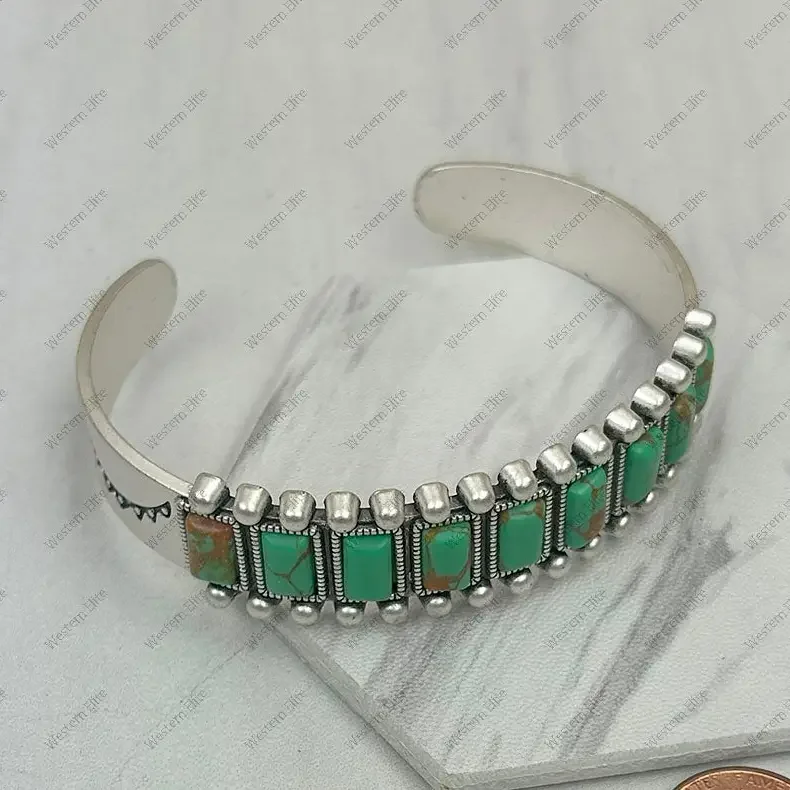LIGHT Green Silver Metal with Green Rectangle Turquoise Stone Bangle