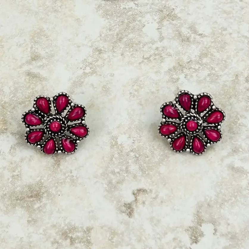 Floral Red Stone Stud Earrings