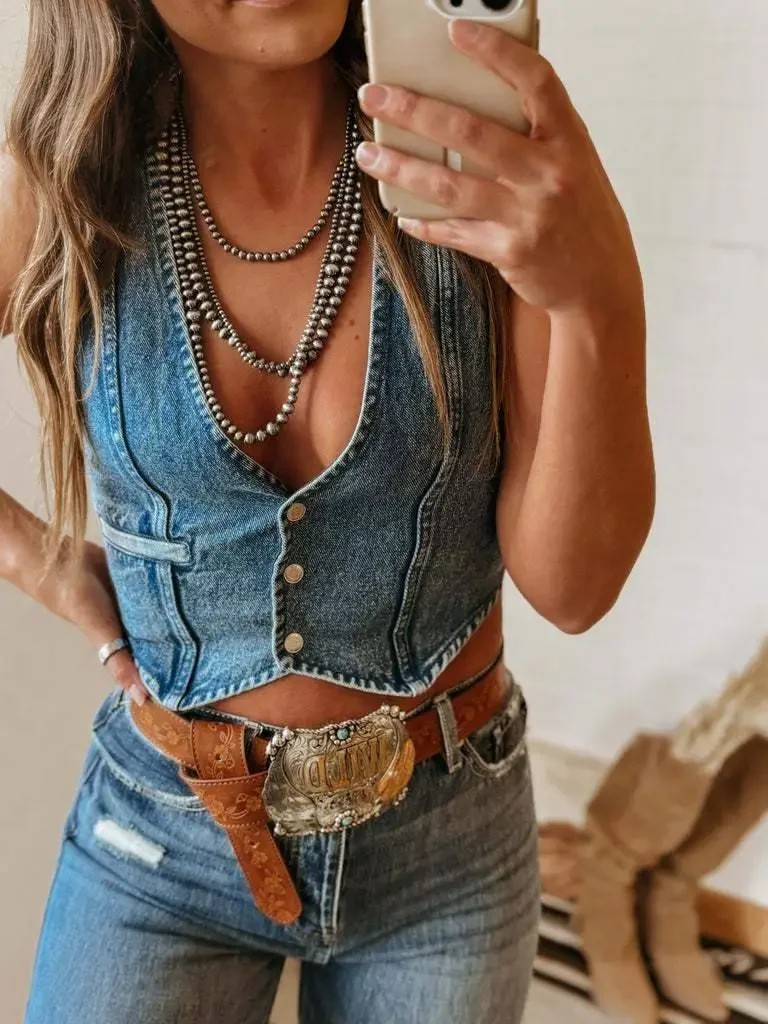 Single Breasted V Neck Jacket Denim Vest