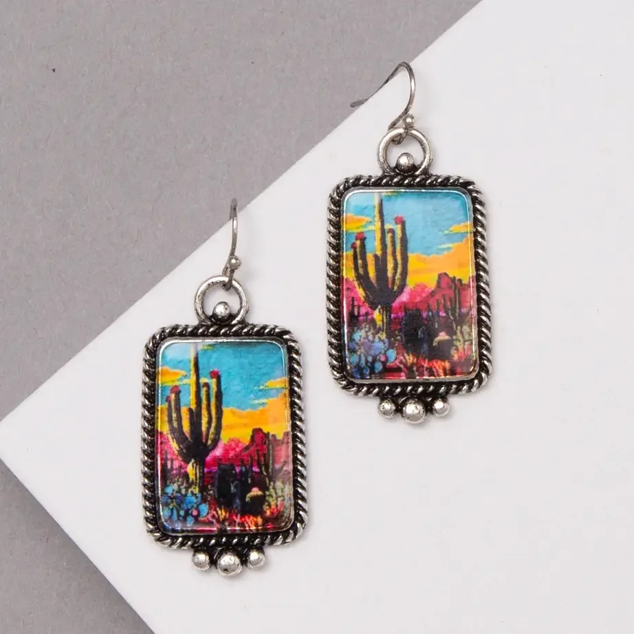 Western Theme Print Rectangle Earrings