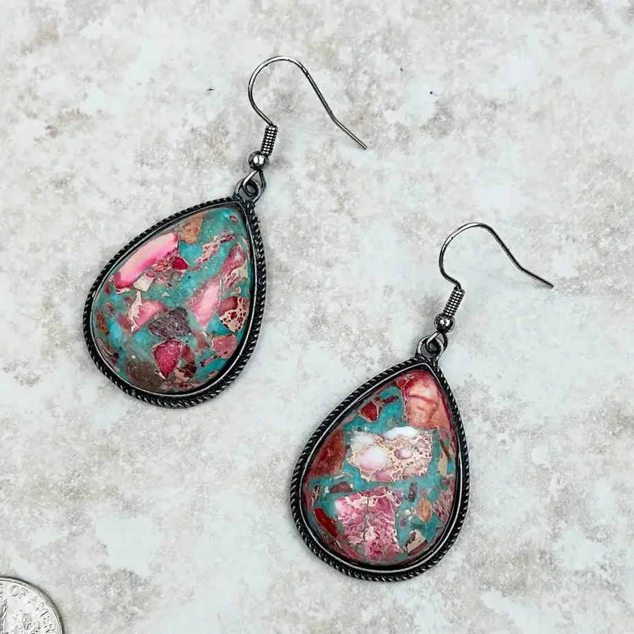 Teardrop Multicolor Stone Inlay Earrings