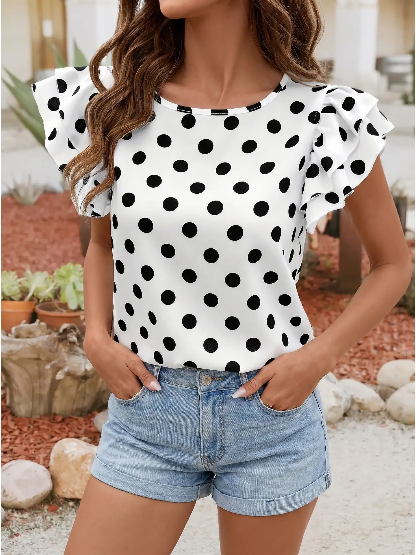 Polka Dot Ruffle Sleeve Blouse