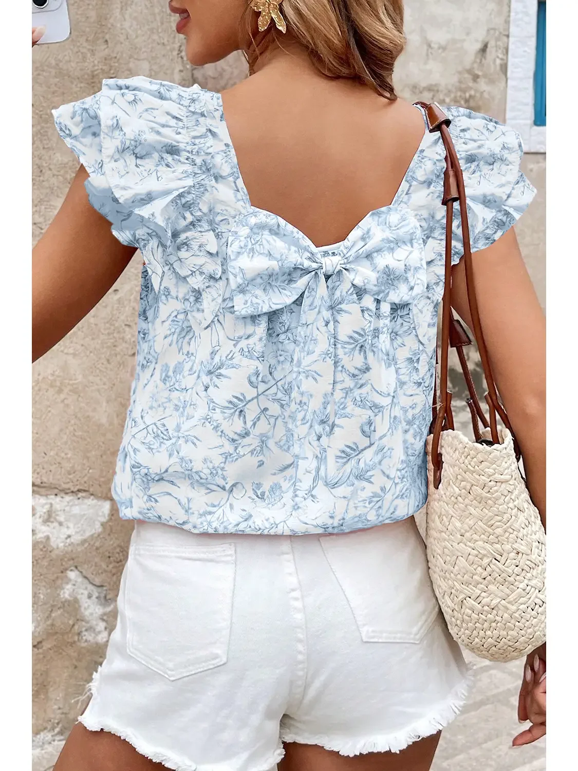 Elegant Blue Floral Flutter Sleeve Blouse
