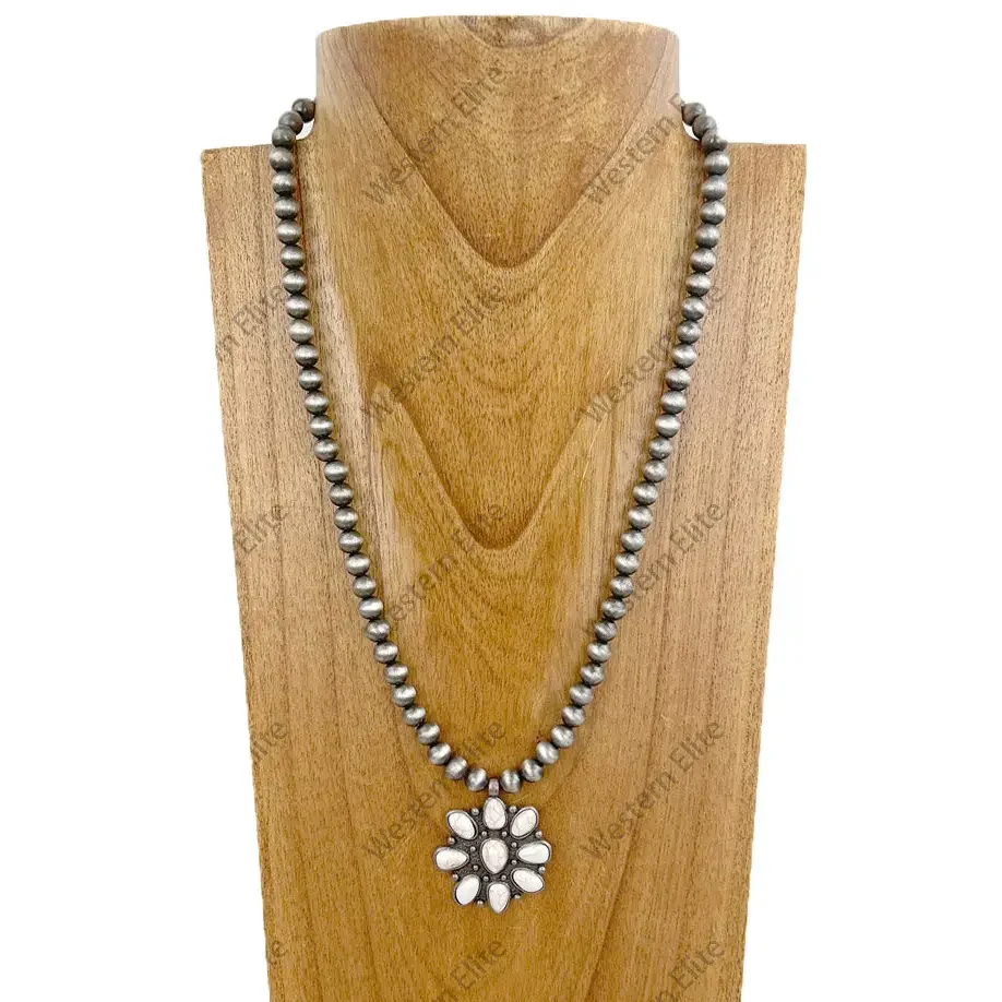Silver-Toned Beaded Necklace with Floral Pendant