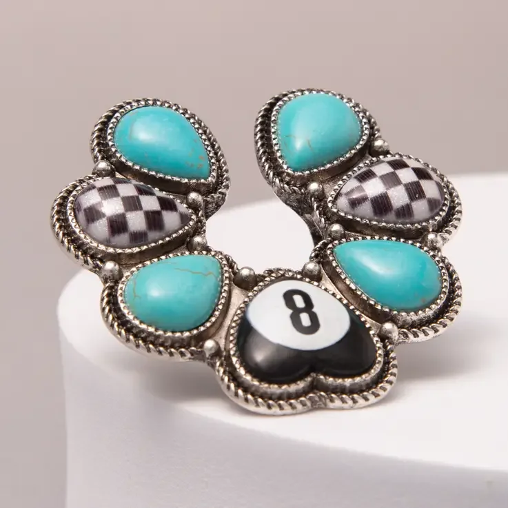 Western Eight Ball Turquoise Squash Blossom Stretch Ring