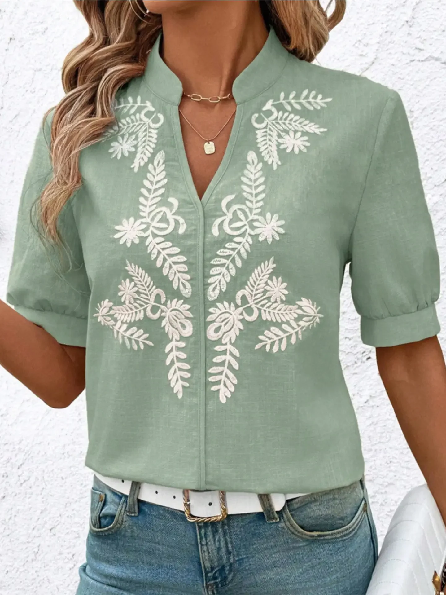 Chic Embroidered Sage Blouse